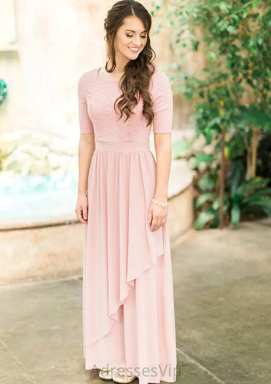 Scoop Neck Short Sleeve Ankle-Length A-line/Princess Chiffon Bridesmaid Dresses With Lace Pleated Aspen HCP0025580