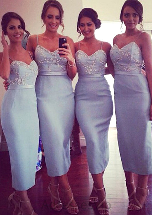 Sleeveless V Neck Tea-Length Sheath/Column Elastic Satin Bridesmaid Dresseses With Appliqued Hanna HCP0025581