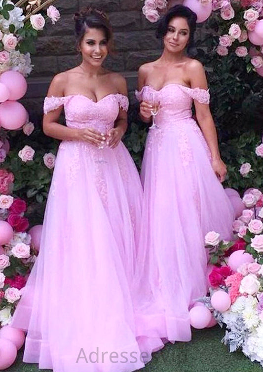 Sleeveless Off-the-Shoulder Long/Floor-Length Tulle A-line/Princess Bridesmaid Dresseses With Lace Deanna HCP0025589