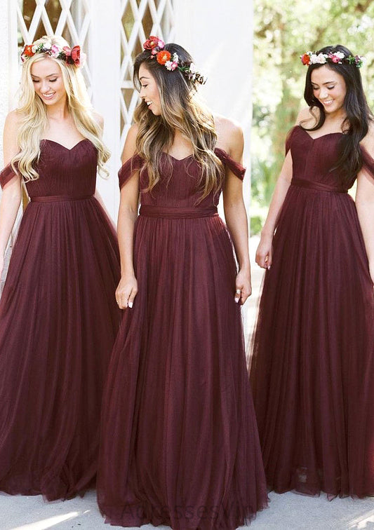 Sleeveless Off-the-Shoulder Long/Floor-Length Tulle A-line/Princess Bridesmaid Dresseses With Pleated Cassandra HCP0025591