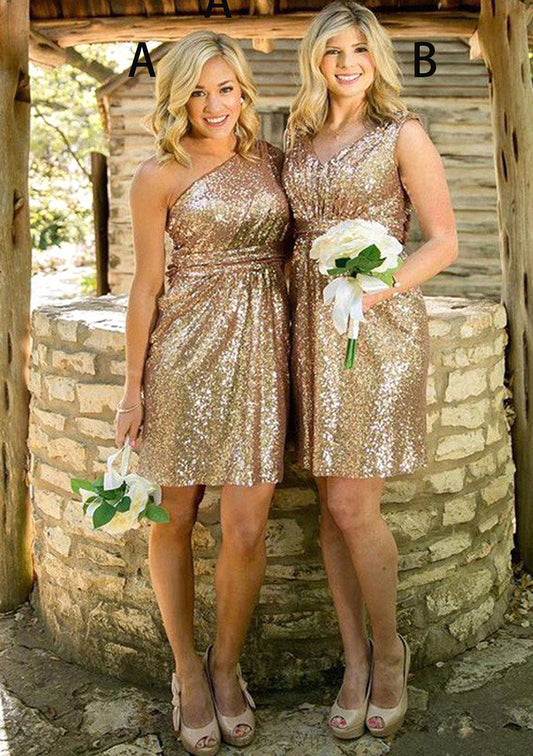 A-line/Princess One-Shoulder Short/Mini Sequined A-line/Princess Bridesmaid Dresseses Amara HCP0025592