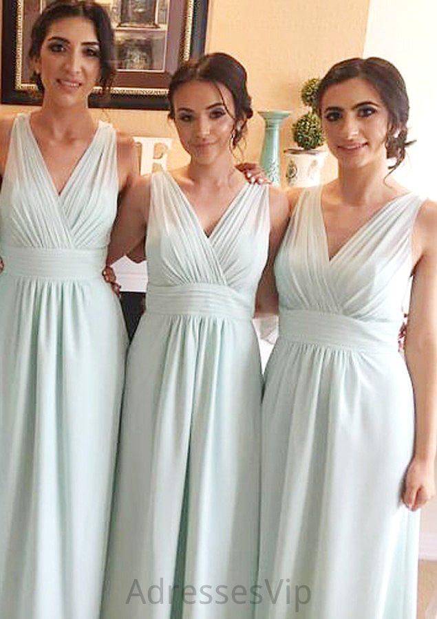 Sleeveless V Neck Long/Floor-Length Chiffon A-line/Princess Bridesmaid Dresseses With Pleated   Natalya HCP0025597