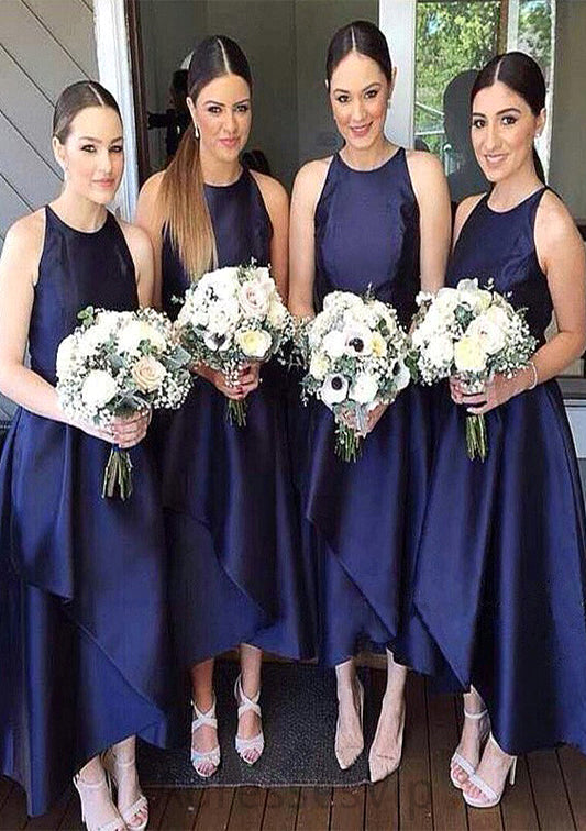 Scoop Neck Sleeveless Asymmetrical A-line/Princess Satin Bridesmaid Dresseses With Pleated Lyric HCP0025599