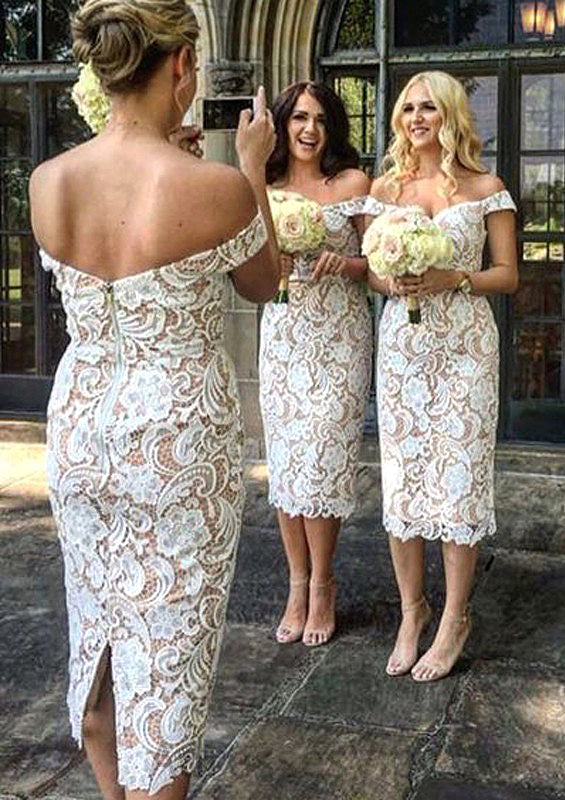 Sheath/Column Off-the-Shoulder Tea-Length Sheath/Column Lace Bridesmaid Dresseses With Split Reagan HCP0025601