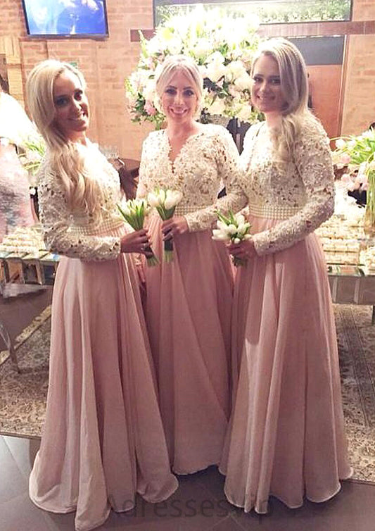 Full/Long Sleeve Scalloped Neck A-line/Princess Chiffon Long/Floor-Length Bridesmaid Dresseses With Beading Lace Rihanna HCP0025602