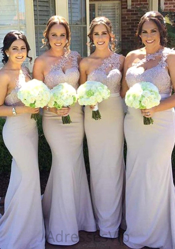 Sleeveless One-Shoulder Long/Floor-Length Trumpet/Mermaid Elastic Satin Bridesmaid Dresseses With Lace Katelyn HCP0025605