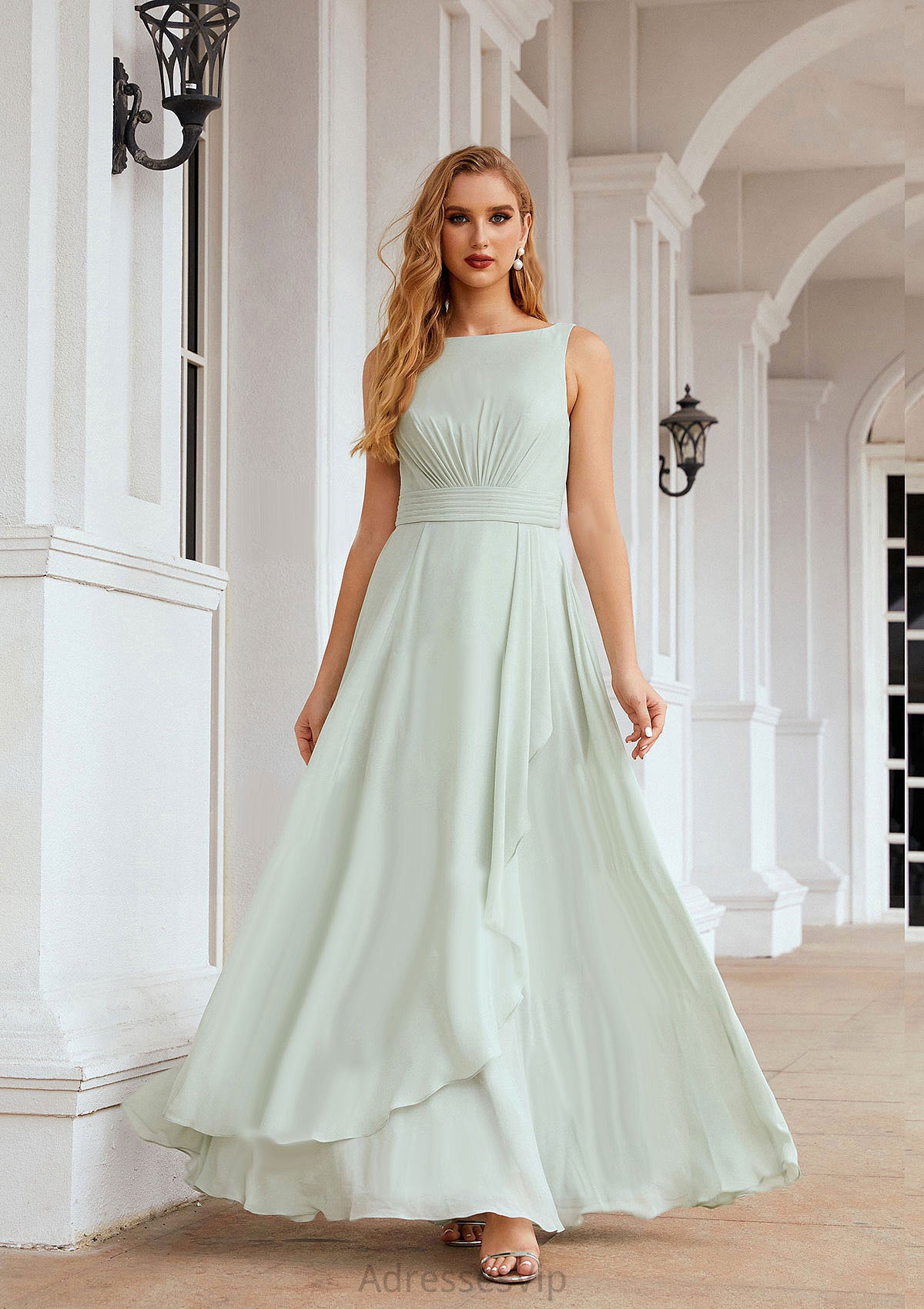 A-line Bateau Sleeveless Chiffon Long/Floor-Length Bridesmaid Dresses Ruffles Pleated Krista HCP0025608