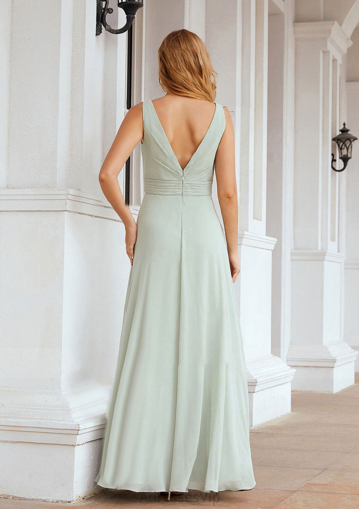 A-line Bateau Sleeveless Chiffon Long/Floor-Length Bridesmaid Dresses Ruffles Pleated Krista HCP0025608