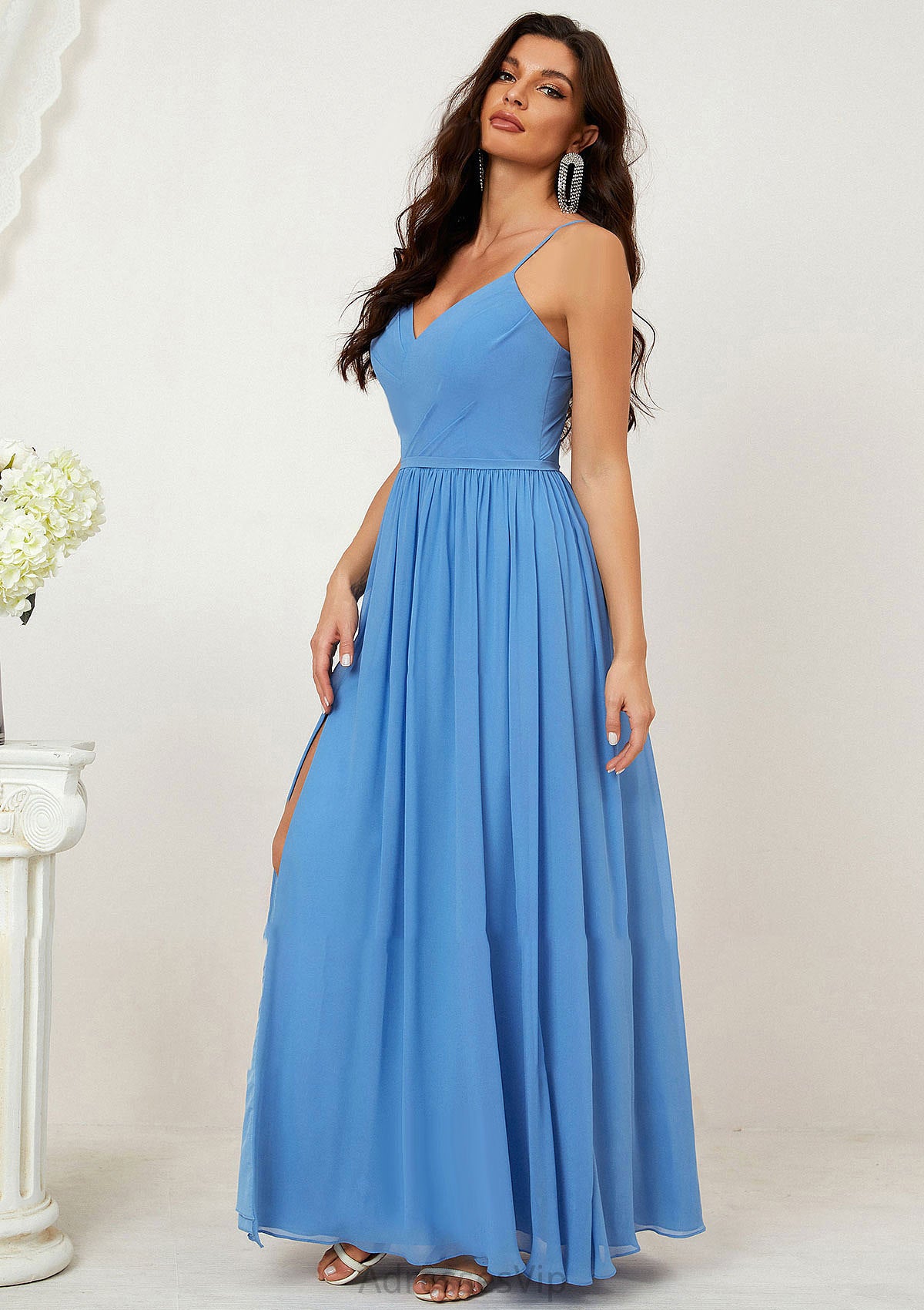 A-line V Neck Sleeveless Chiffon Long/Floor-Length Bridesmaid Dresses With Pleated Split Natalya HCP0025609