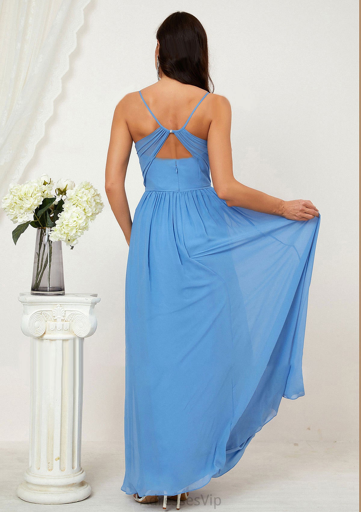 A-line V Neck Sleeveless Chiffon Long/Floor-Length Bridesmaid Dresses With Pleated Split Natalya HCP0025609