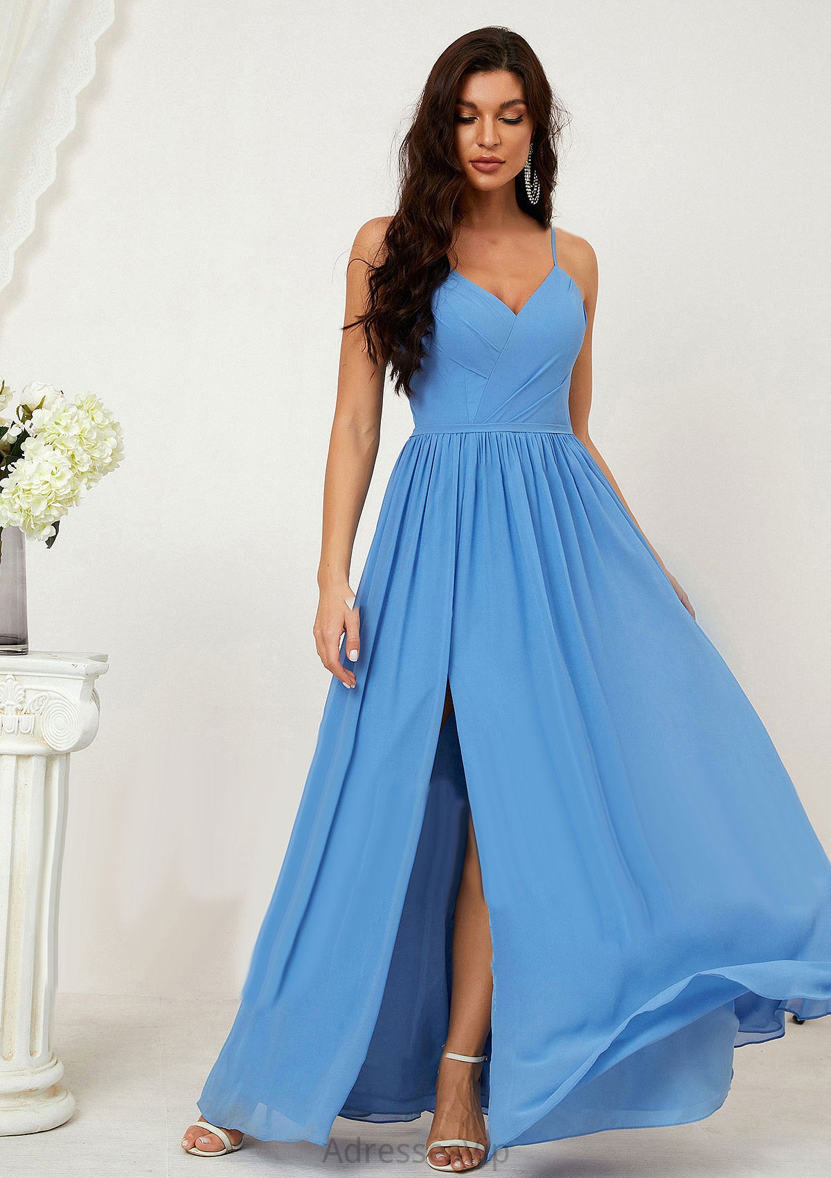 A-line V Neck Sleeveless Chiffon Long/Floor-Length Bridesmaid Dresses With Pleated Split Natalya HCP0025609