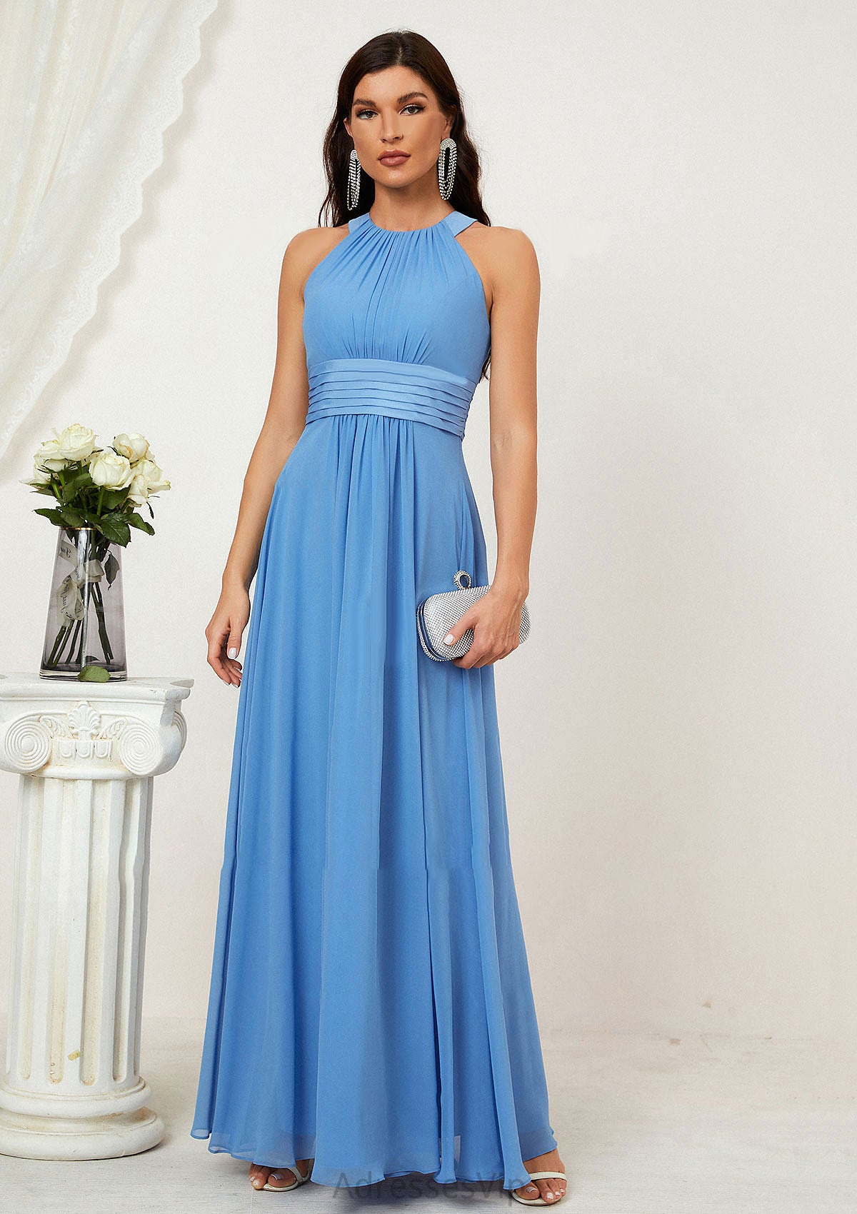 A-line Halter Sleeveless Chiffon Long/Floor-Length Bridesmaid Dresses With Pleated Val HCP0025610