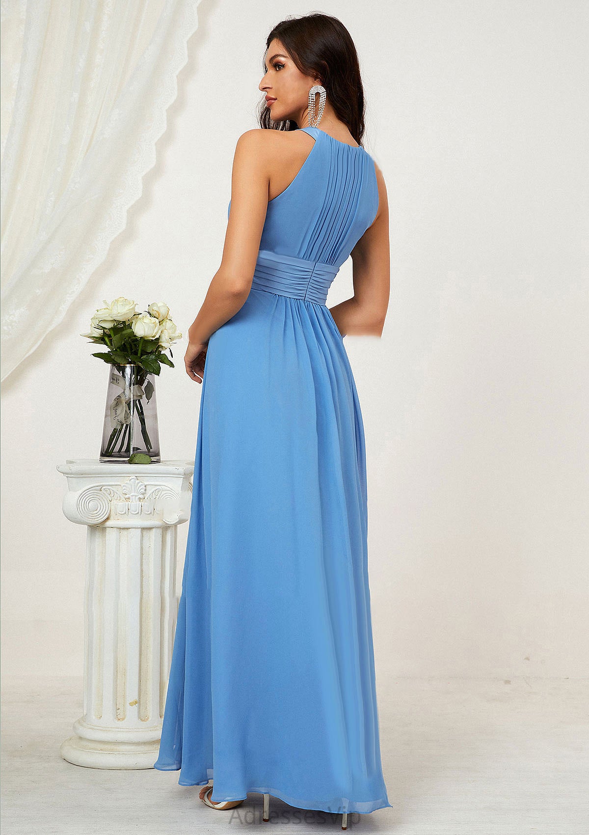 A-line Halter Sleeveless Chiffon Long/Floor-Length Bridesmaid Dresses With Pleated Val HCP0025610