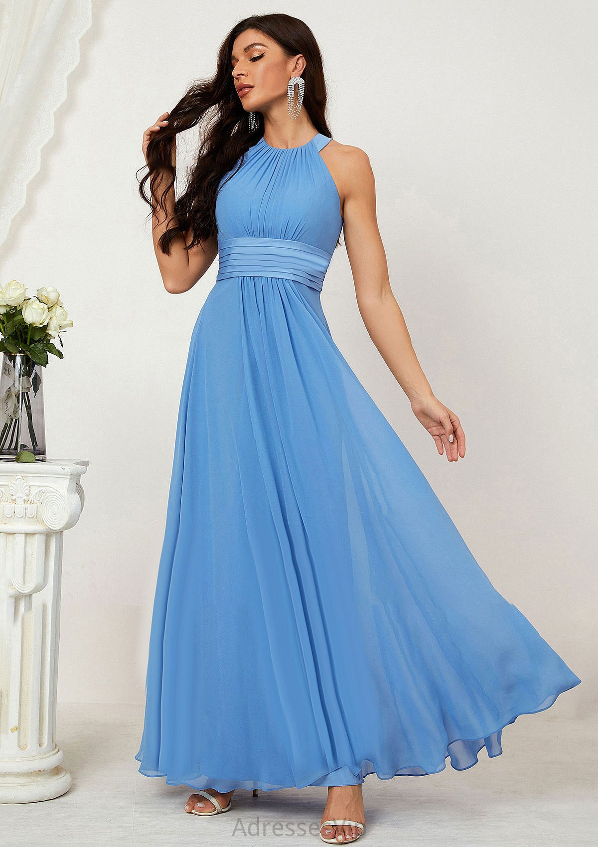 A-line Halter Sleeveless Chiffon Long/Floor-Length Bridesmaid Dresses With Pleated Val HCP0025610