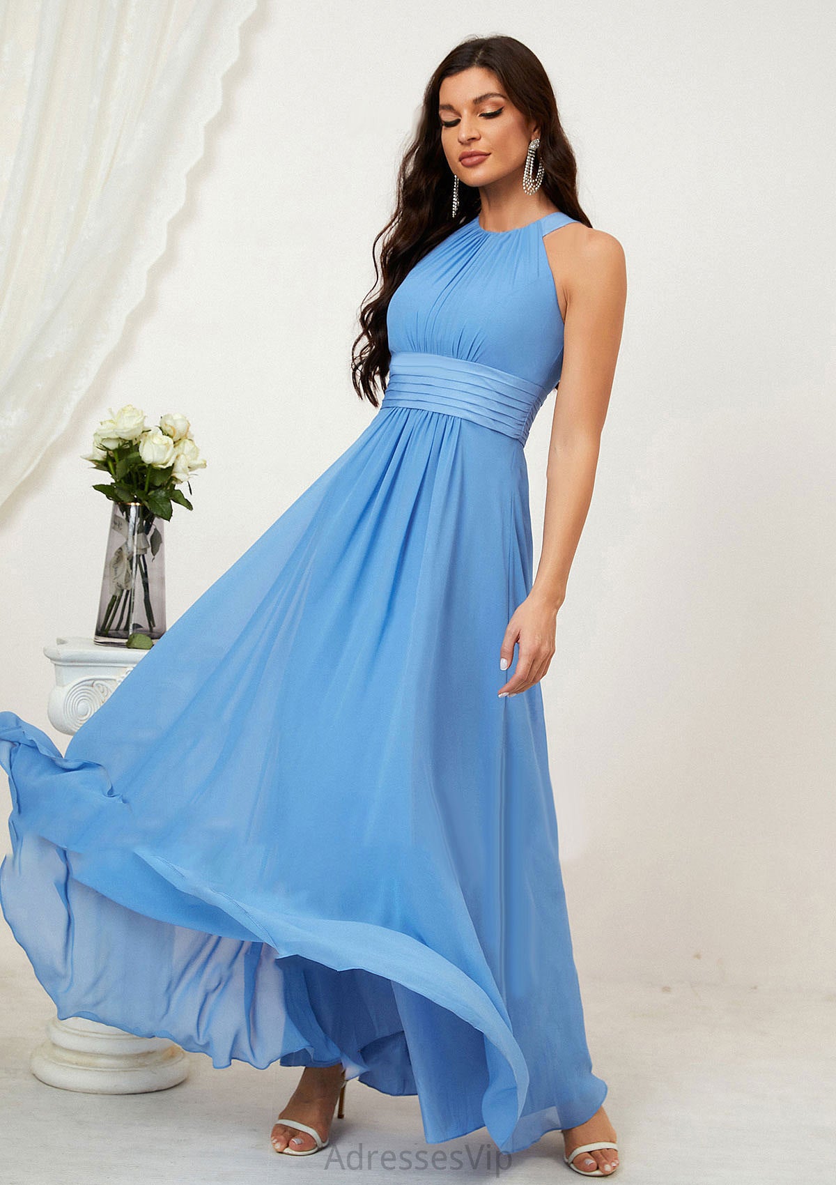 A-line Halter Sleeveless Chiffon Long/Floor-Length Bridesmaid Dresses With Pleated Val HCP0025610