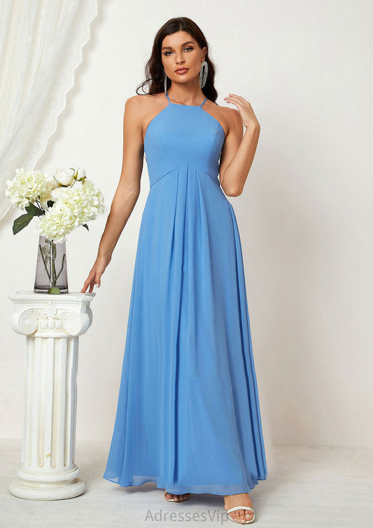 A-line Empire Halter Sleeveless Chiffon Long/Floor-Length Bridesmaid Dresses With Ruffles Christina HCP0025611