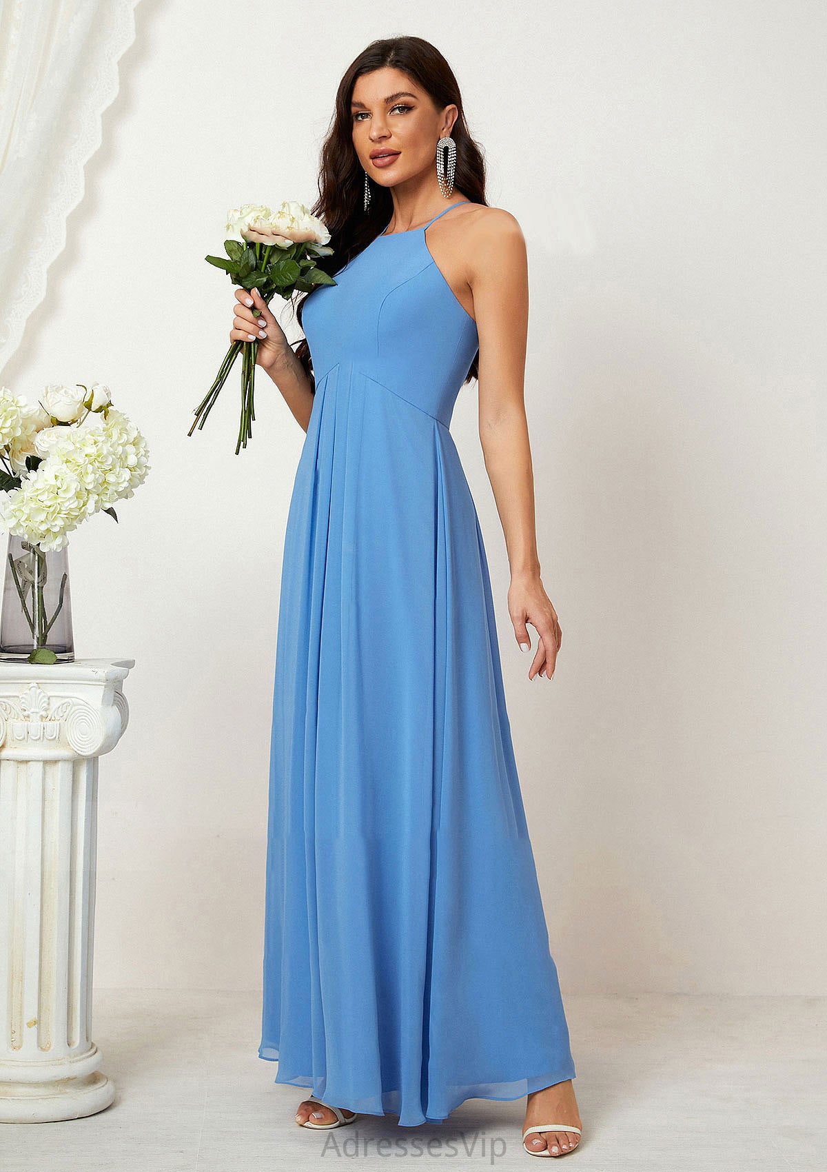 A-line Empire Halter Sleeveless Chiffon Long/Floor-Length Bridesmaid Dresses With Ruffles Christina HCP0025611