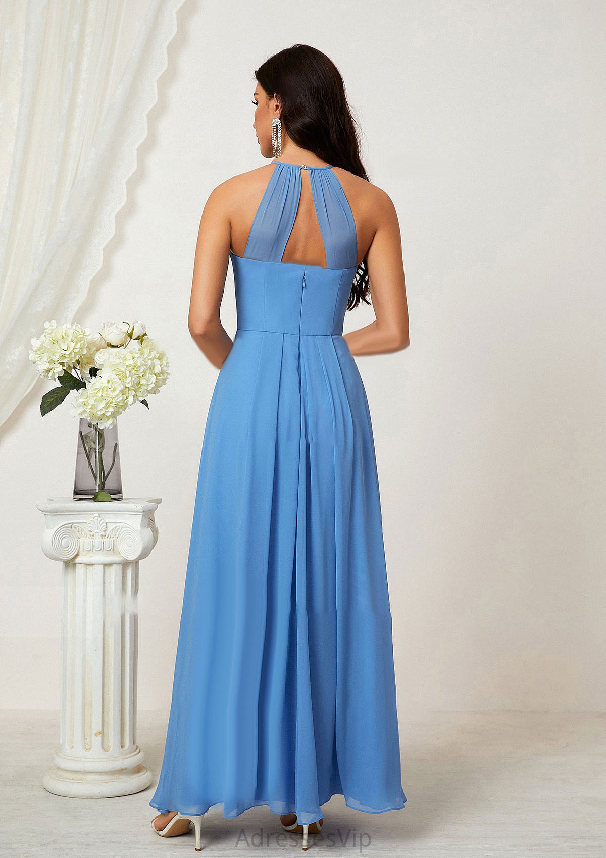 A-line Empire Halter Sleeveless Chiffon Long/Floor-Length Bridesmaid Dresses With Ruffles Christina HCP0025611