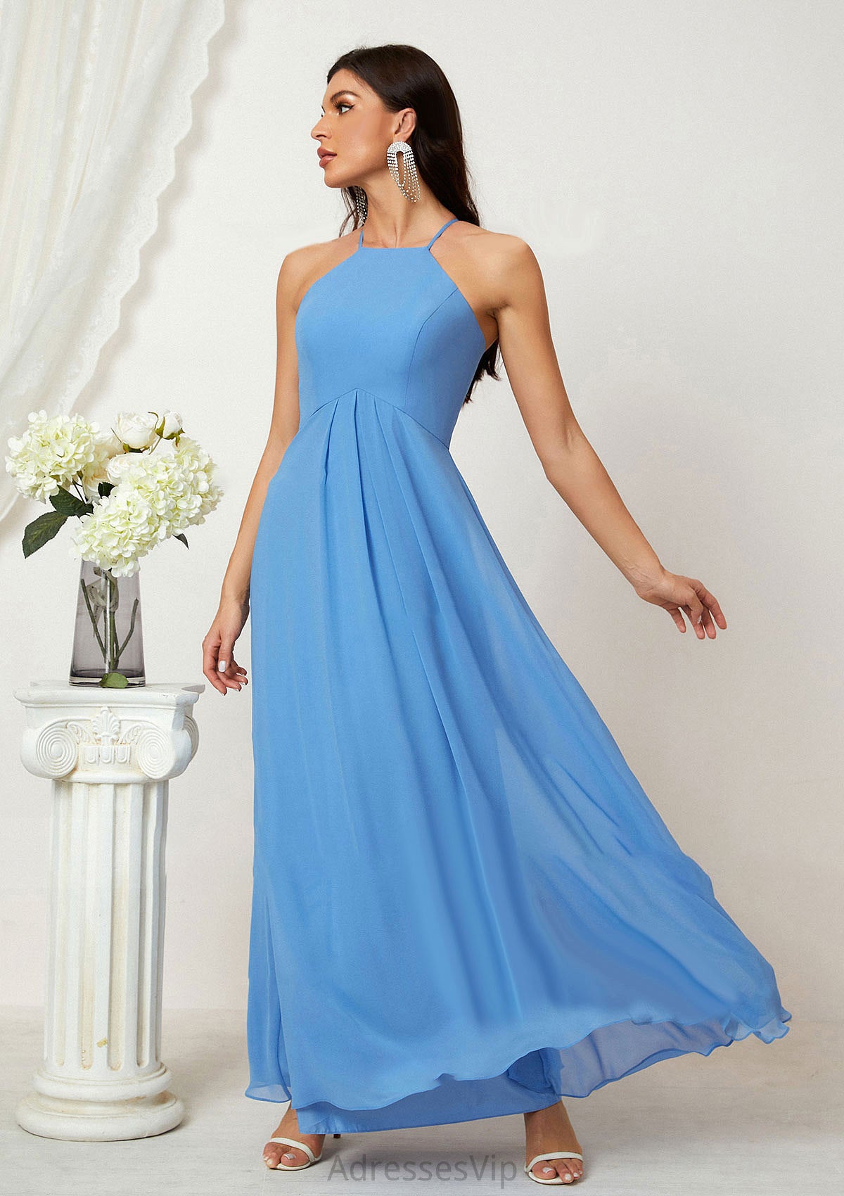 A-line Empire Halter Sleeveless Chiffon Long/Floor-Length Bridesmaid Dresses With Ruffles Christina HCP0025611