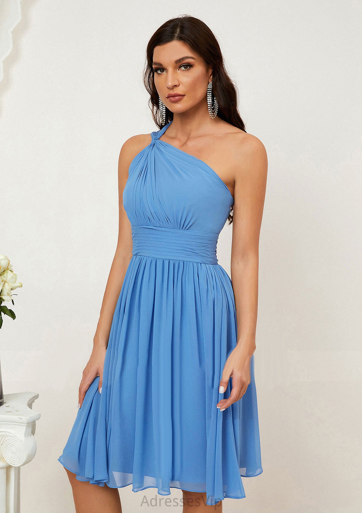 A-line One-Shoulder Sleeveless Chiffon Knee-Length Bridesmaid Dresses With Pleated Novia HCP0025612