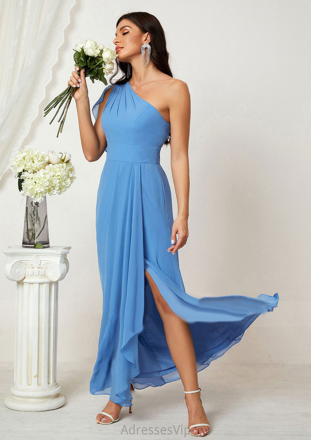 A-line One-Shoulder Sleeveless Chiffon Long/Floor-Length Bridesmaid Dresses With Pleated Split Cherish HCP0025613