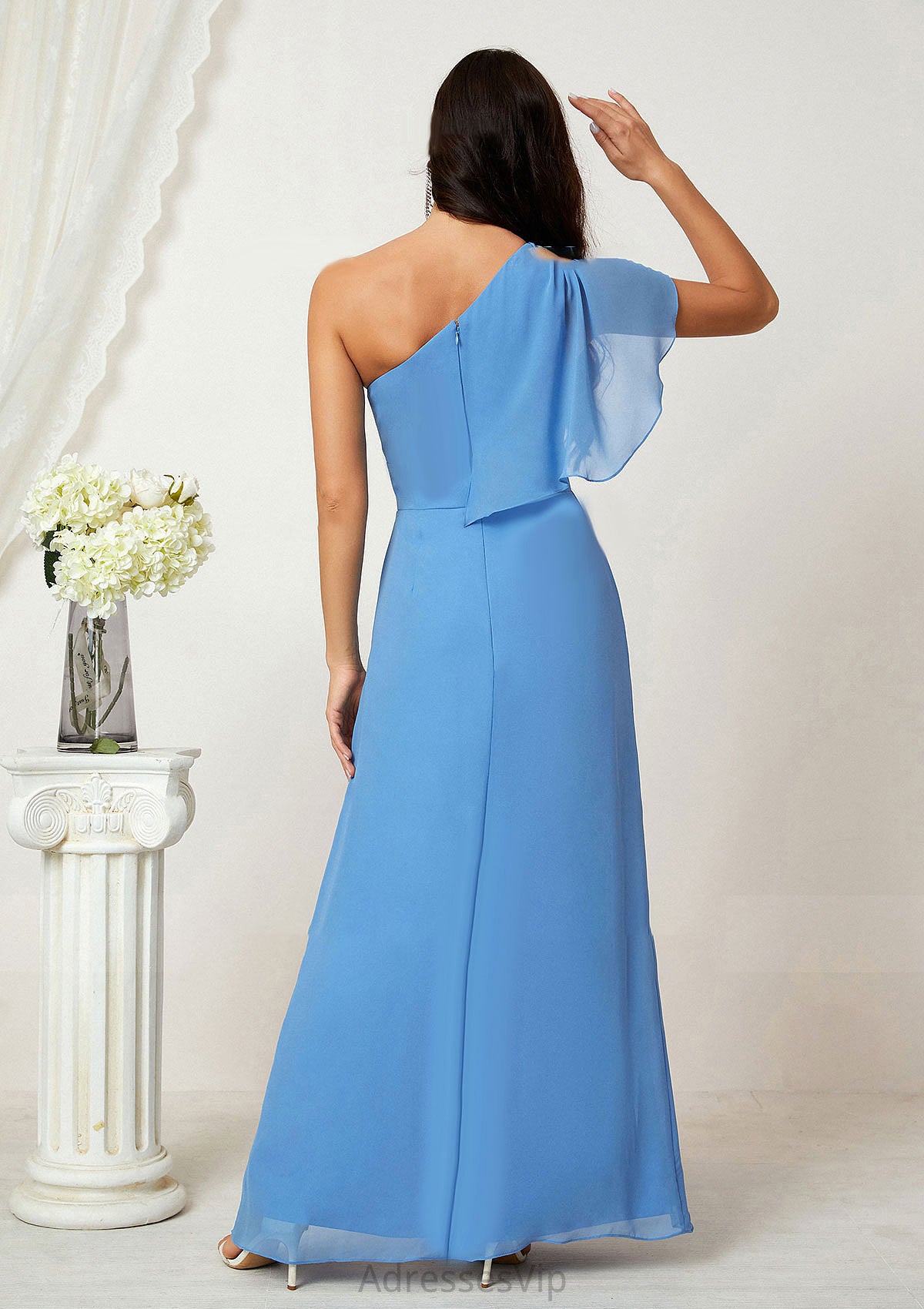 A-line One-Shoulder Sleeveless Chiffon Long/Floor-Length Bridesmaid Dresses With Pleated Split Cherish HCP0025613