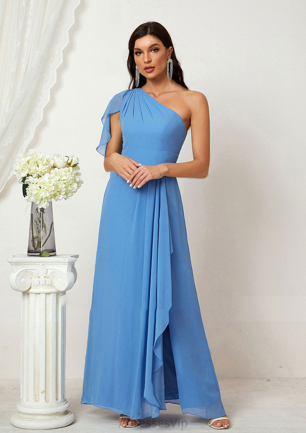 A-line One-Shoulder Sleeveless Chiffon Long/Floor-Length Bridesmaid Dresses With Pleated Split Cherish HCP0025613