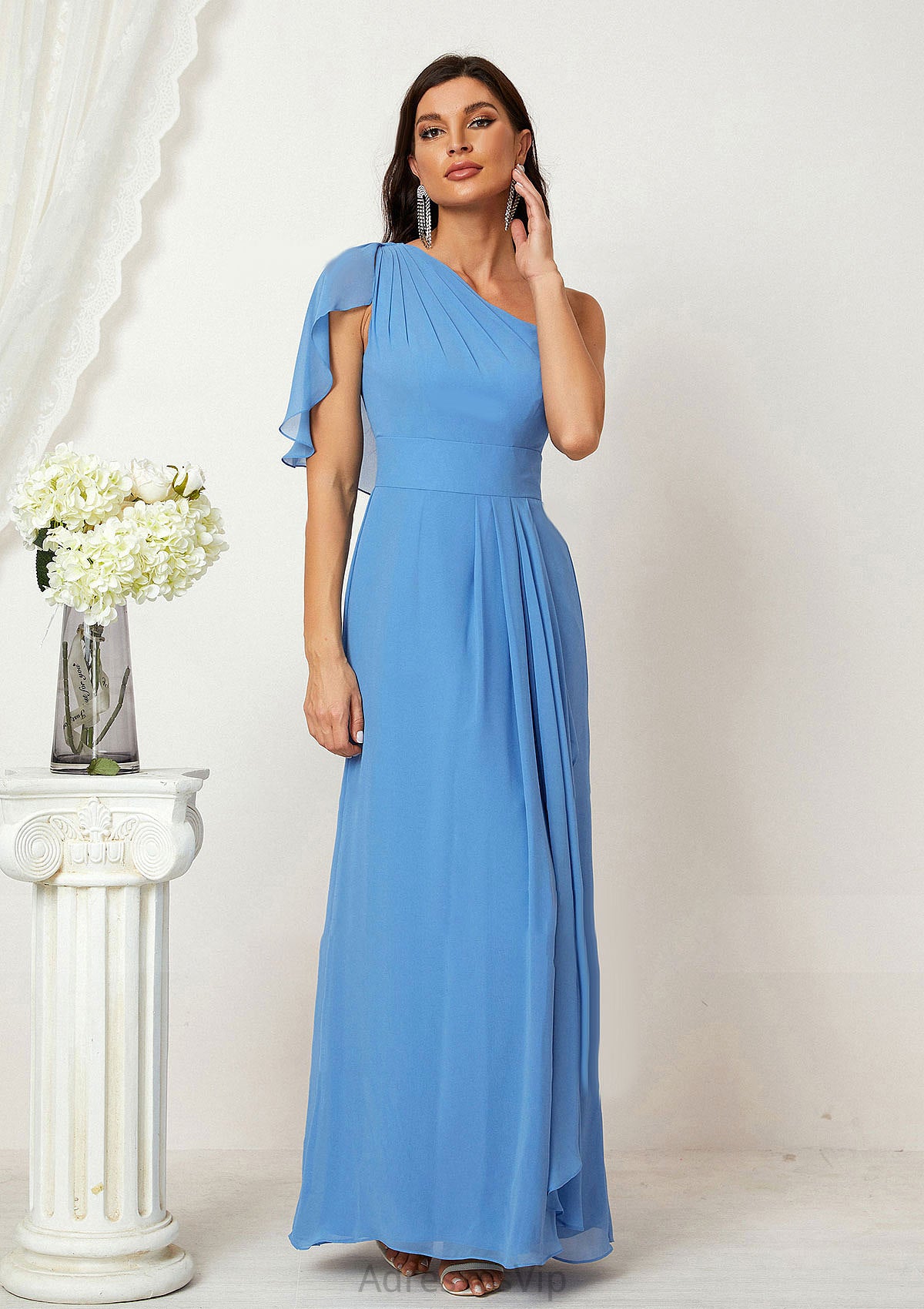 A-line One-Shoulder Sleeveless Chiffon Long/Floor-Length Bridesmaid Dresses With Pleated Split Cherish HCP0025613