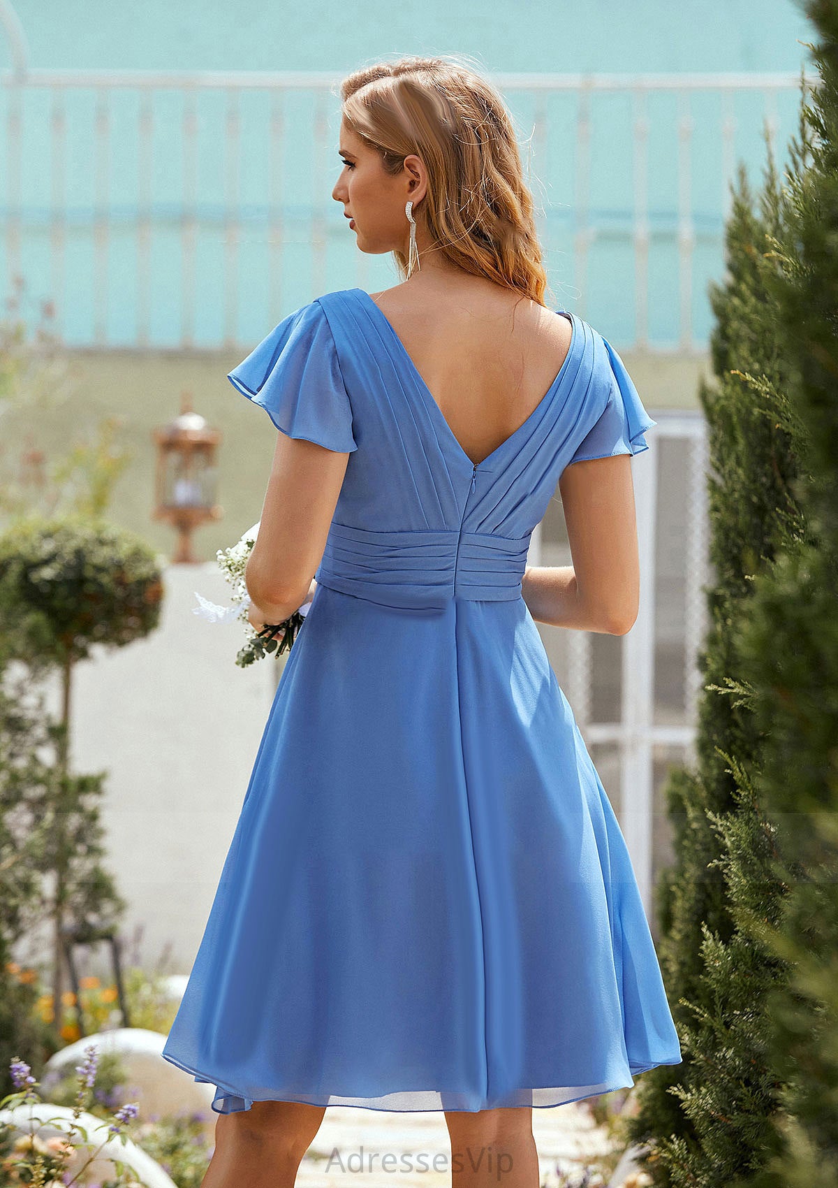 A-line V Neck Short Sleeve Chiffon Short/Mini Bridesmaid Dresses With Pleated Luciana HCP0025614