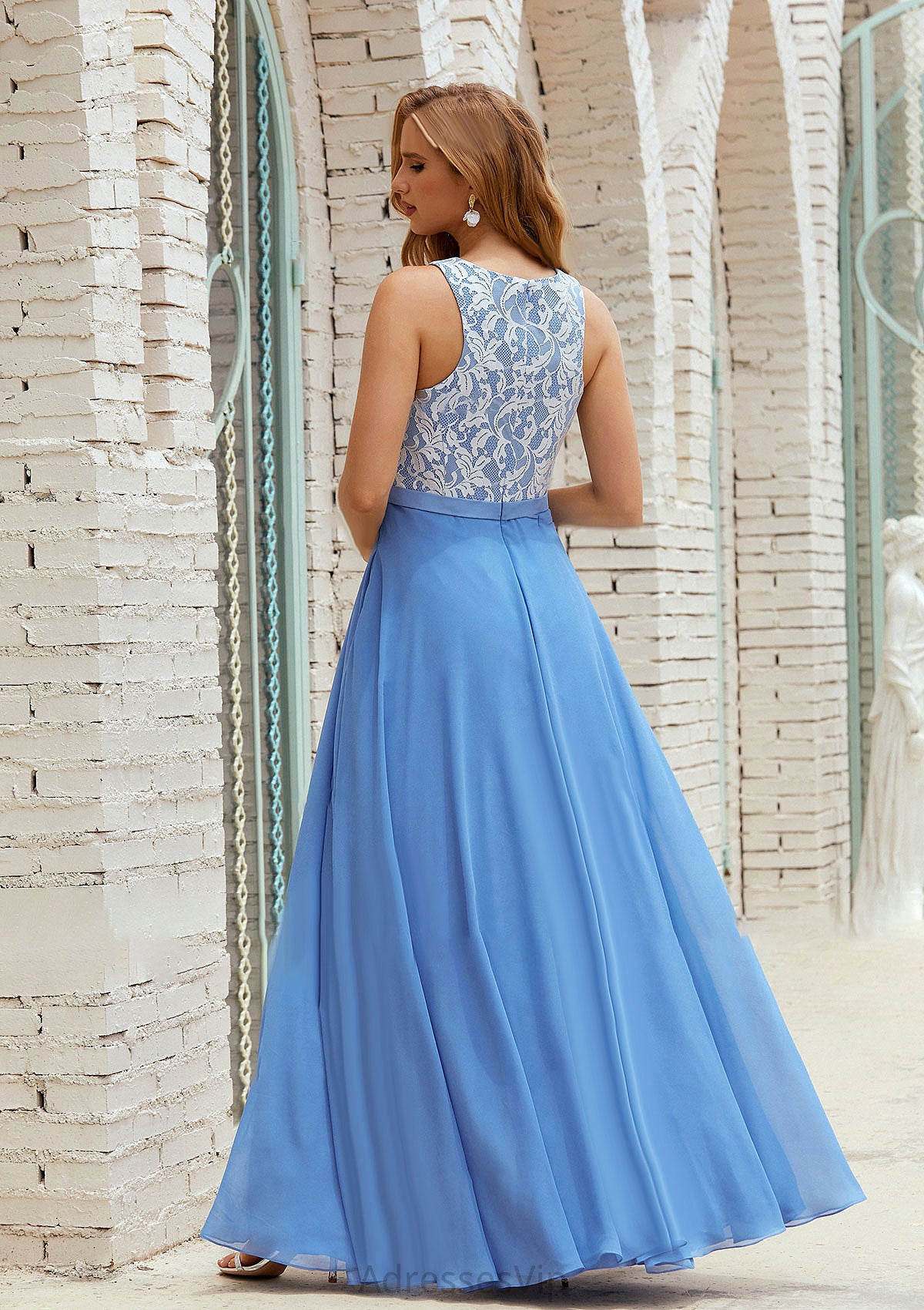 A-line Scoop Neck Sleeveless Chiffon Long/Floor-Length Bridesmaid Dresses With Pockets Lace Elise HCP0025616