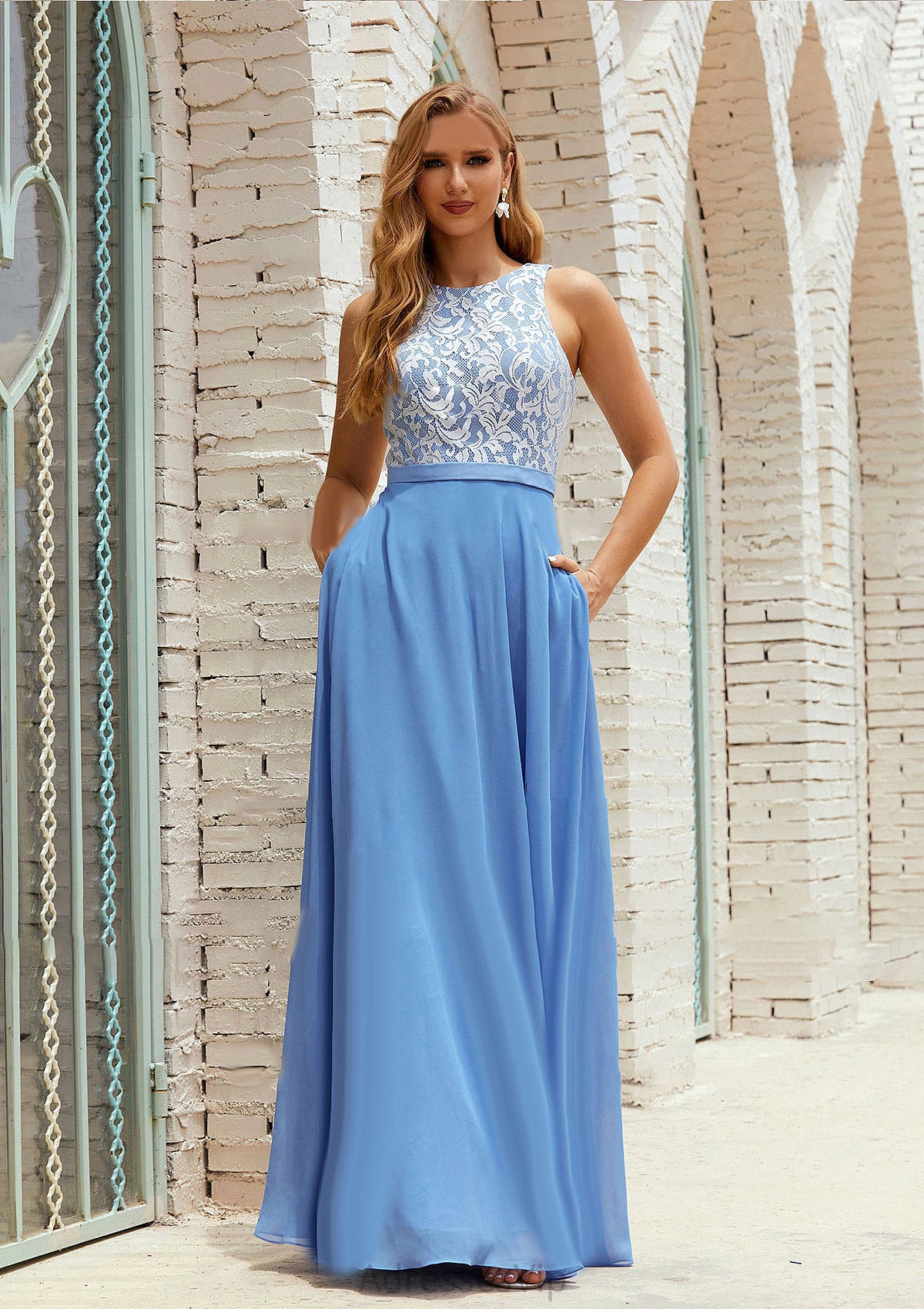 A-line Scoop Neck Sleeveless Chiffon Long/Floor-Length Bridesmaid Dresses With Pockets Lace Elise HCP0025616