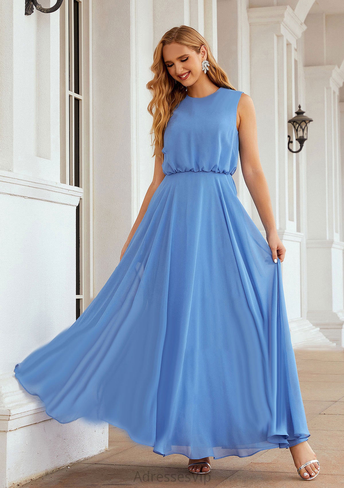 A-line Scoop Neck Sleeveless Chiffon Long/Floor-Length Bridesmaid Dresses Cheryl HCP0025618