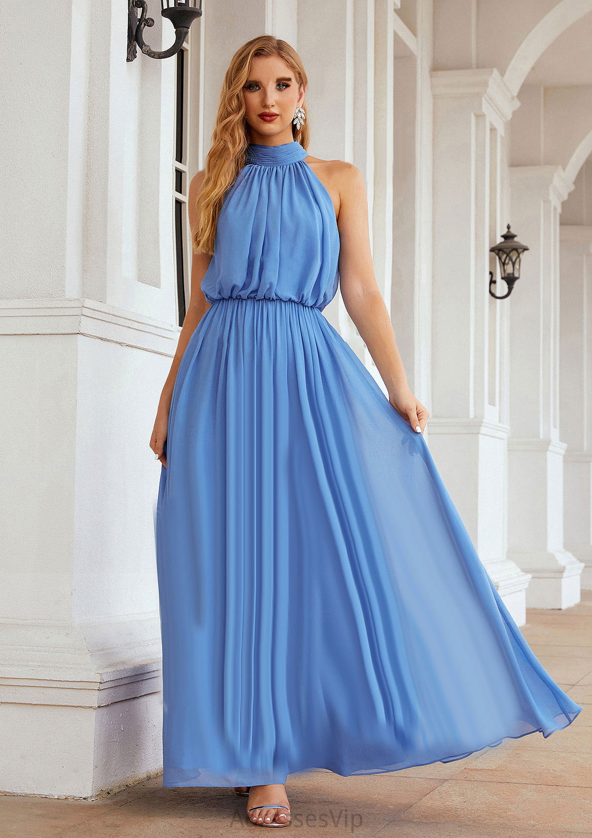 A-line Empire High-Neck Sleeveless Chiffon Long/Floor-Length Bridesmaid Dresses With Pleated Kaitlynn HCP0025619