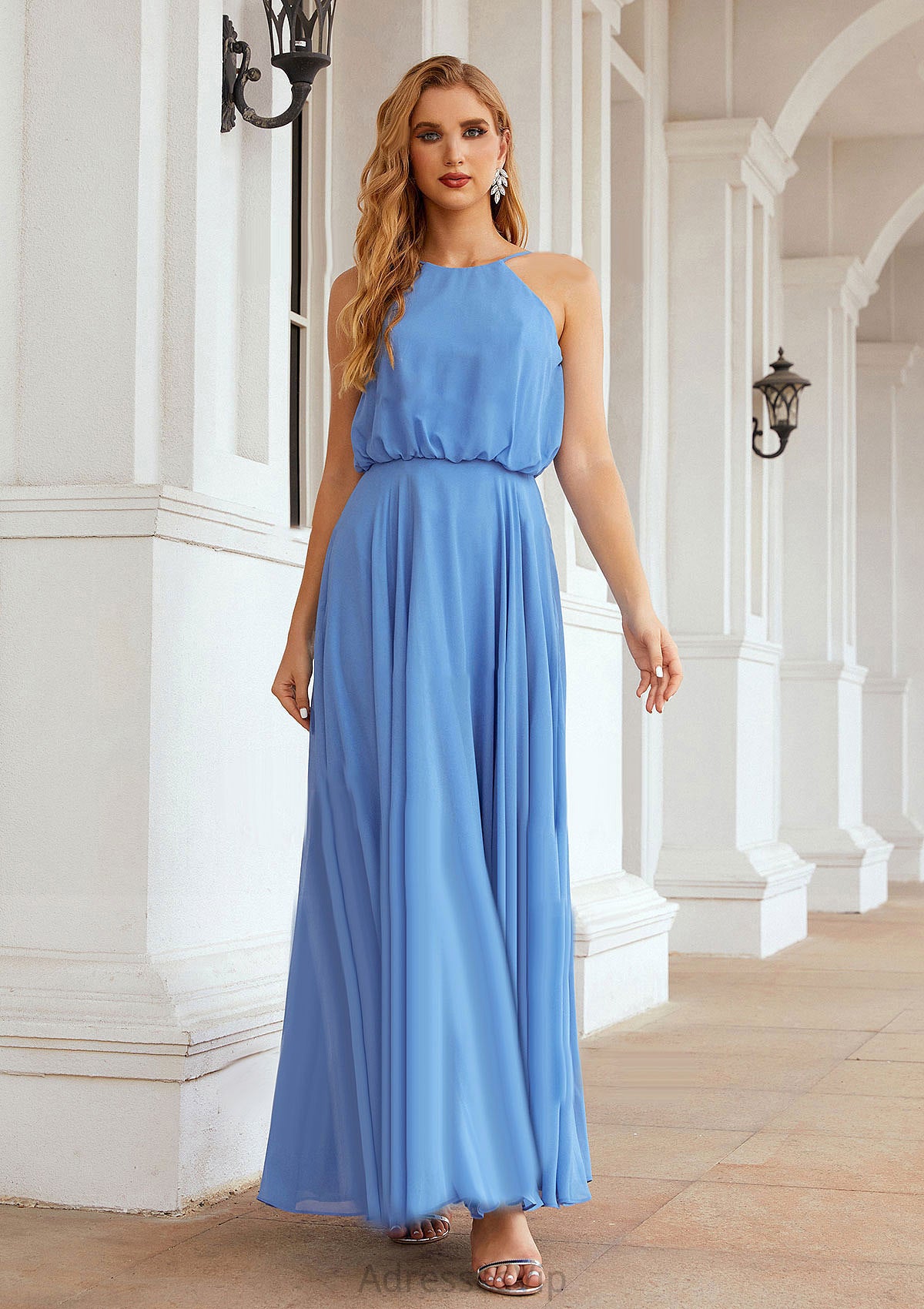 A-line Halter Sleeveless Chiffon Long/Floor-Length Bridesmaid Dresses With Pleated America HCP0025621