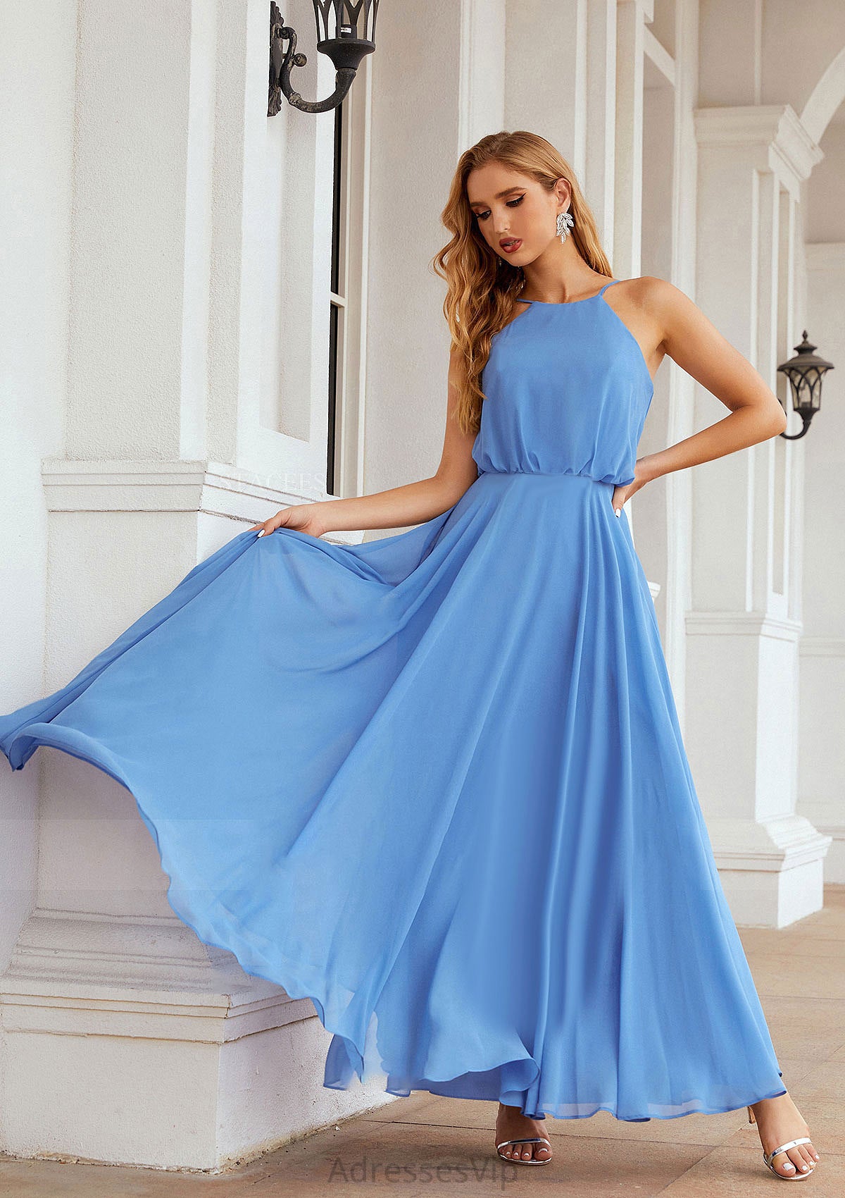 A-line Halter Sleeveless Chiffon Long/Floor-Length Bridesmaid Dresses With Pleated America HCP0025621