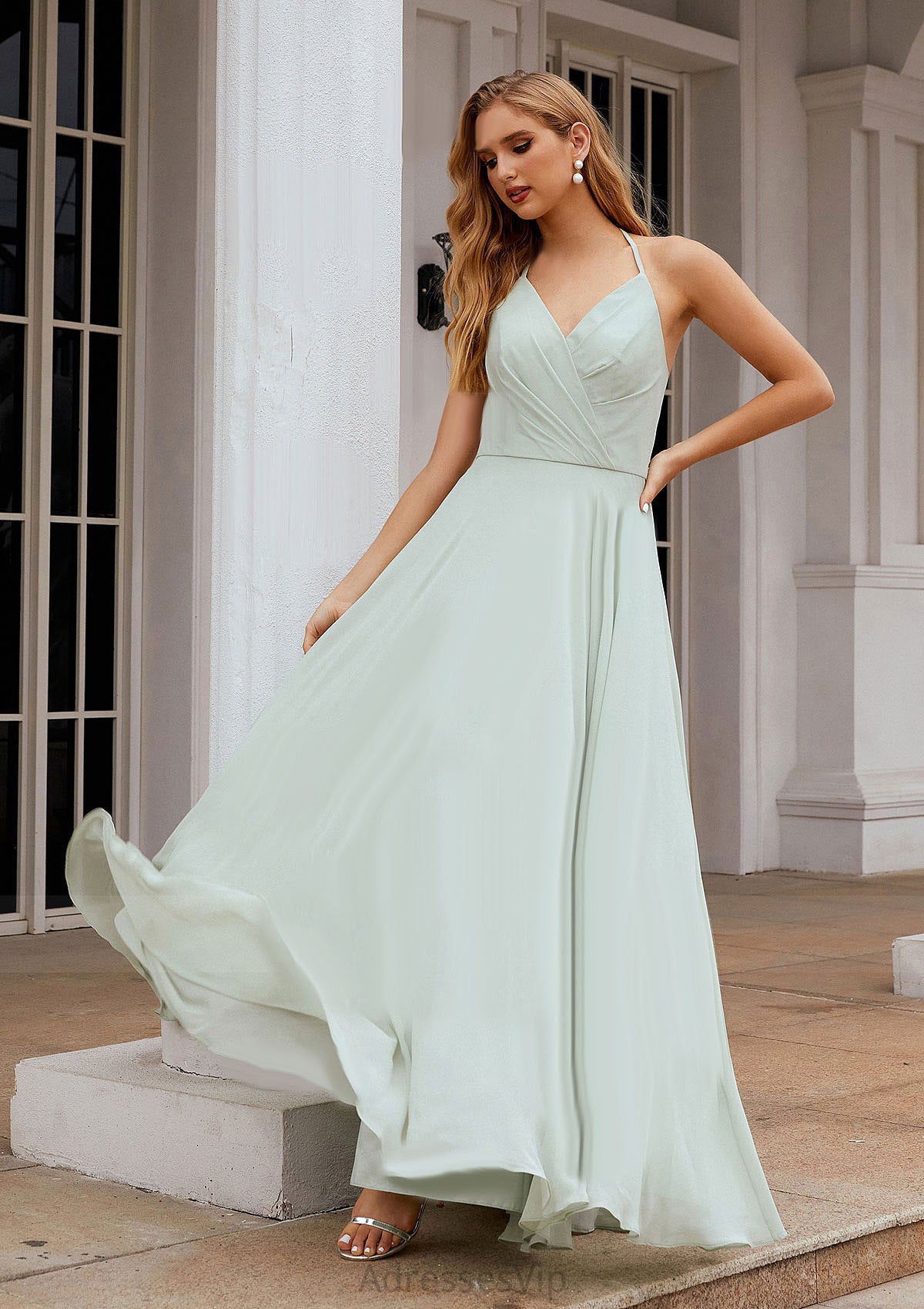 A-line Halter Sleeveless Chiffon Long/Floor-Length Bridesmaid Dresses With Pleated Ruffles Cali HCP0025623