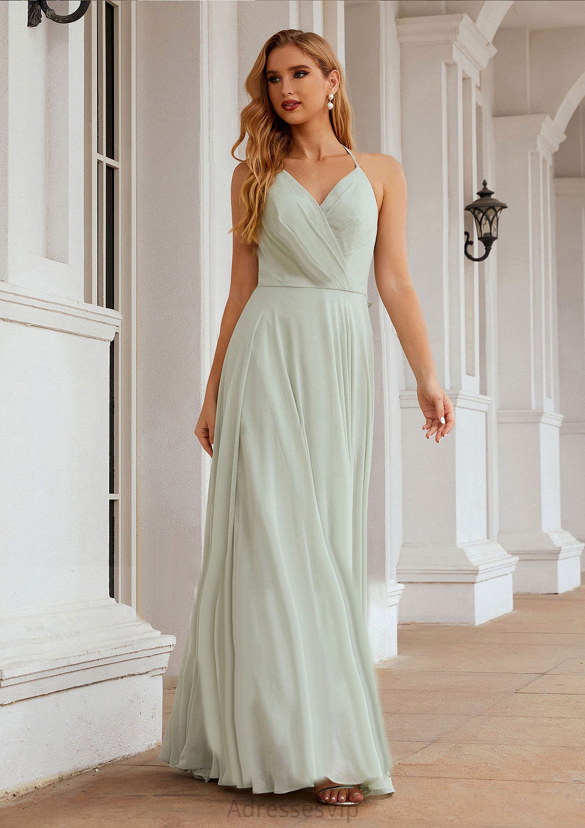 A-line Halter Sleeveless Chiffon Long/Floor-Length Bridesmaid Dresses With Pleated Ruffles Cali HCP0025623