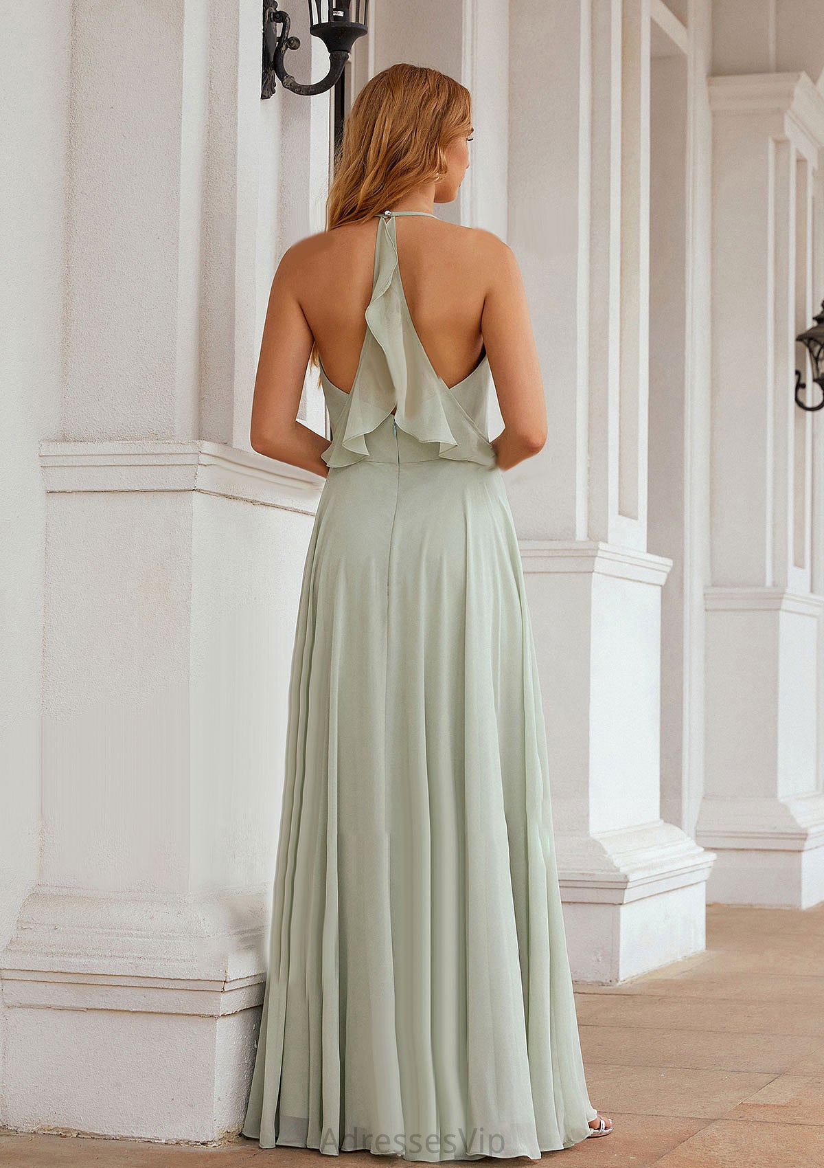 A-line Halter Sleeveless Chiffon Long/Floor-Length Bridesmaid Dresses With Pleated Ruffles Cali HCP0025623