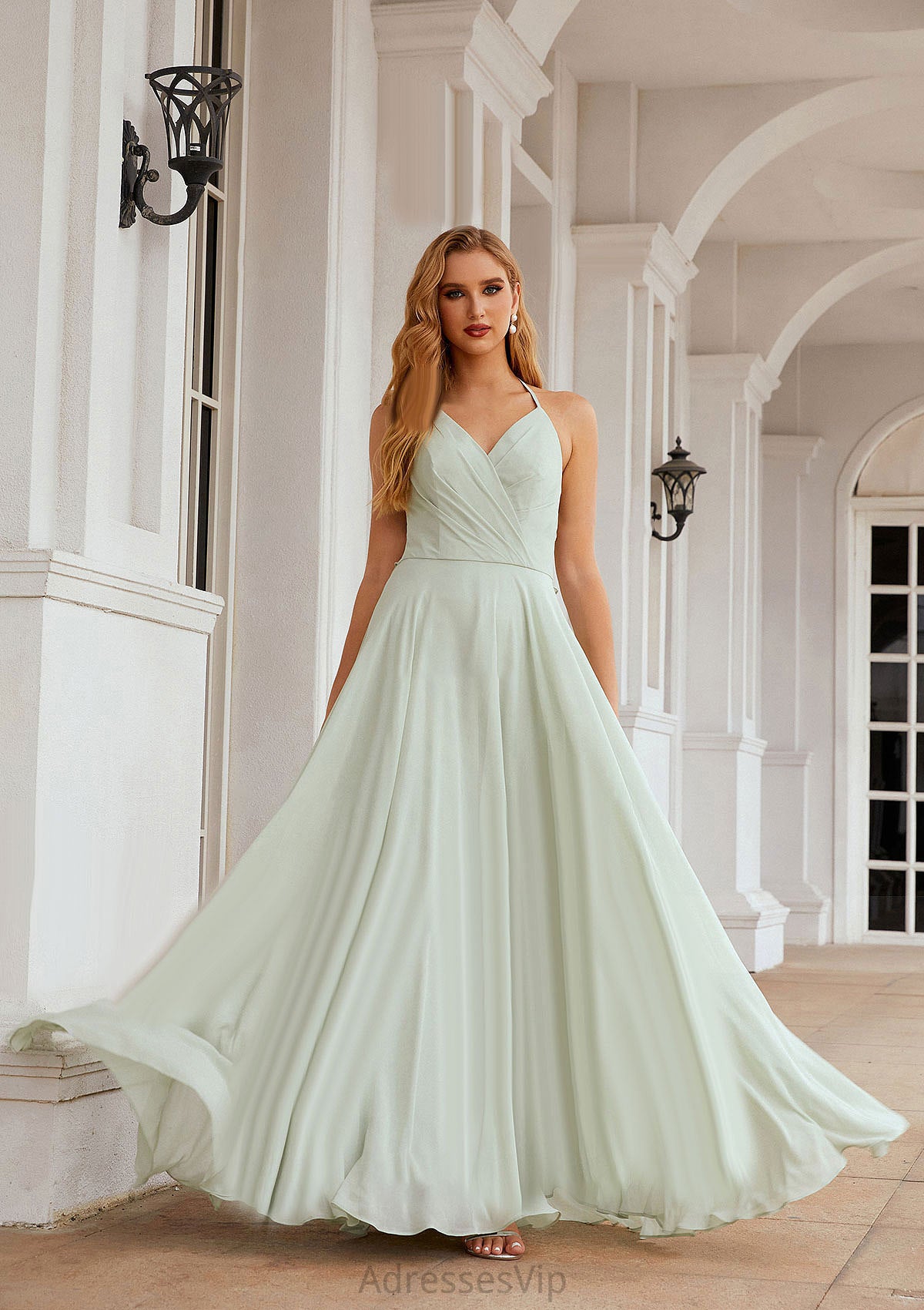 A-line Halter Sleeveless Chiffon Long/Floor-Length Bridesmaid Dresses With Pleated Ruffles Cali HCP0025623