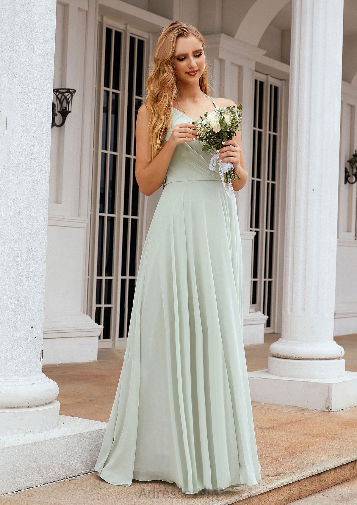 A-line Halter Sleeveless Chiffon Long/Floor-Length Bridesmaid Dresses With Pleated Ruffles Cali HCP0025623