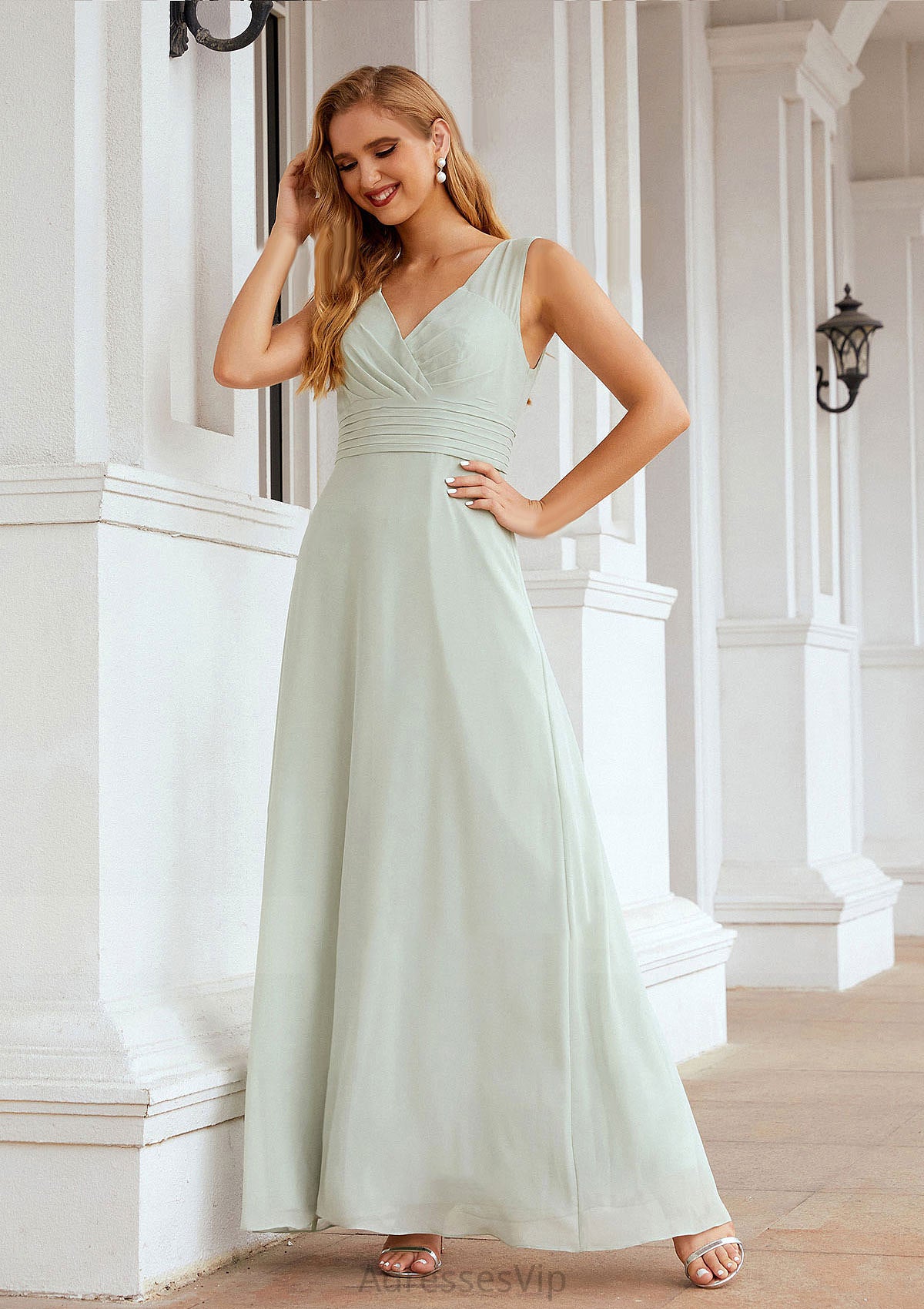 A-line V Neck Long/Floor-Length Chiffon Bridesmaid Dresses With Pleated Anne HCP0025625