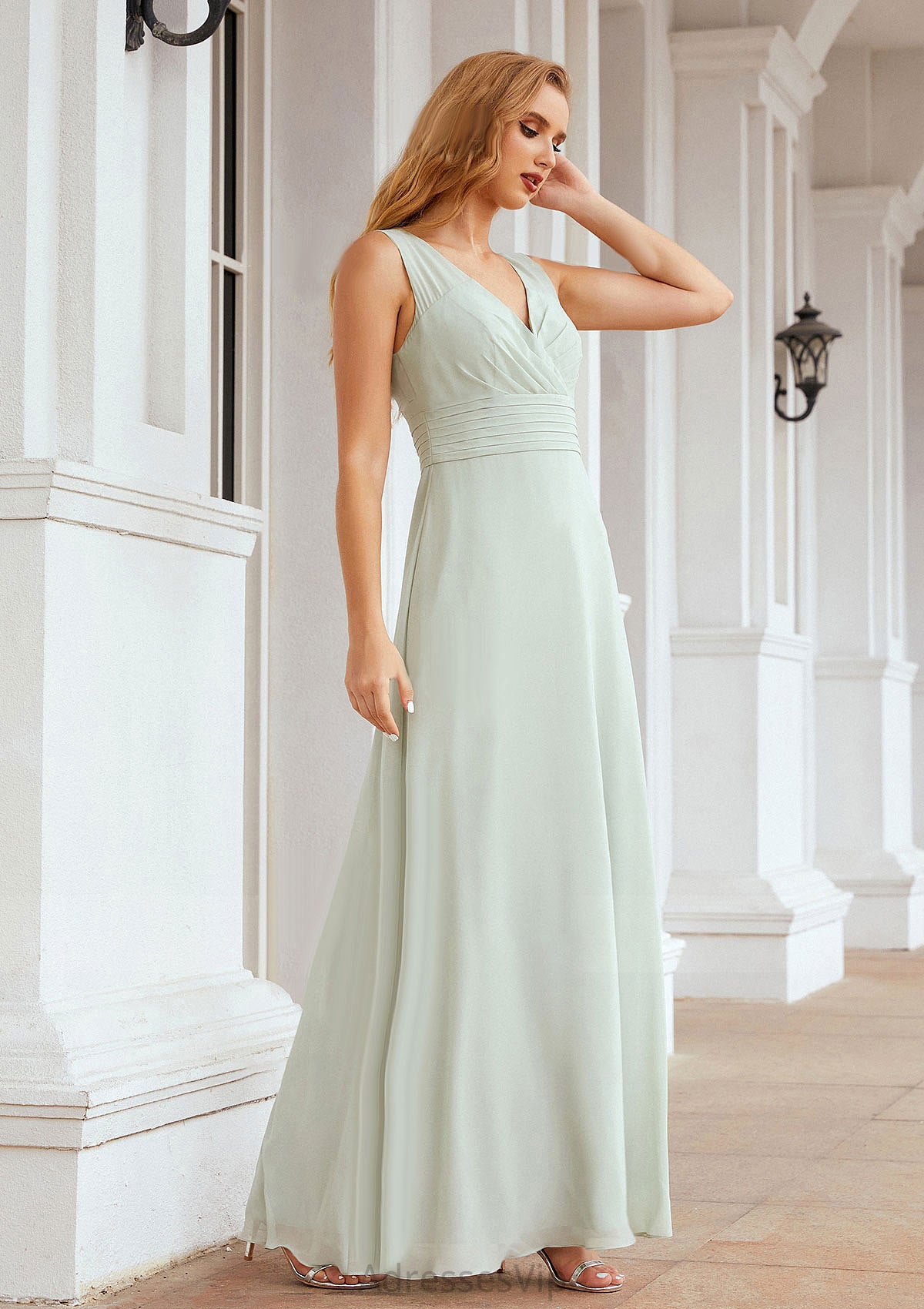 A-line V Neck Long/Floor-Length Chiffon Bridesmaid Dresses With Pleated Anne HCP0025625