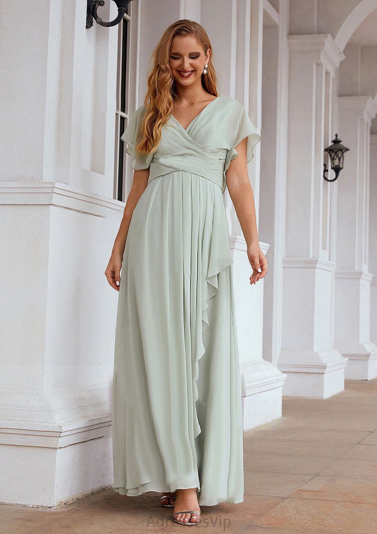 A-line V Neck Short Sleeve Chiffon Long/Floor-Length Bridesmaid Dresses With Pleated Ruffles Bianca HCP0025626