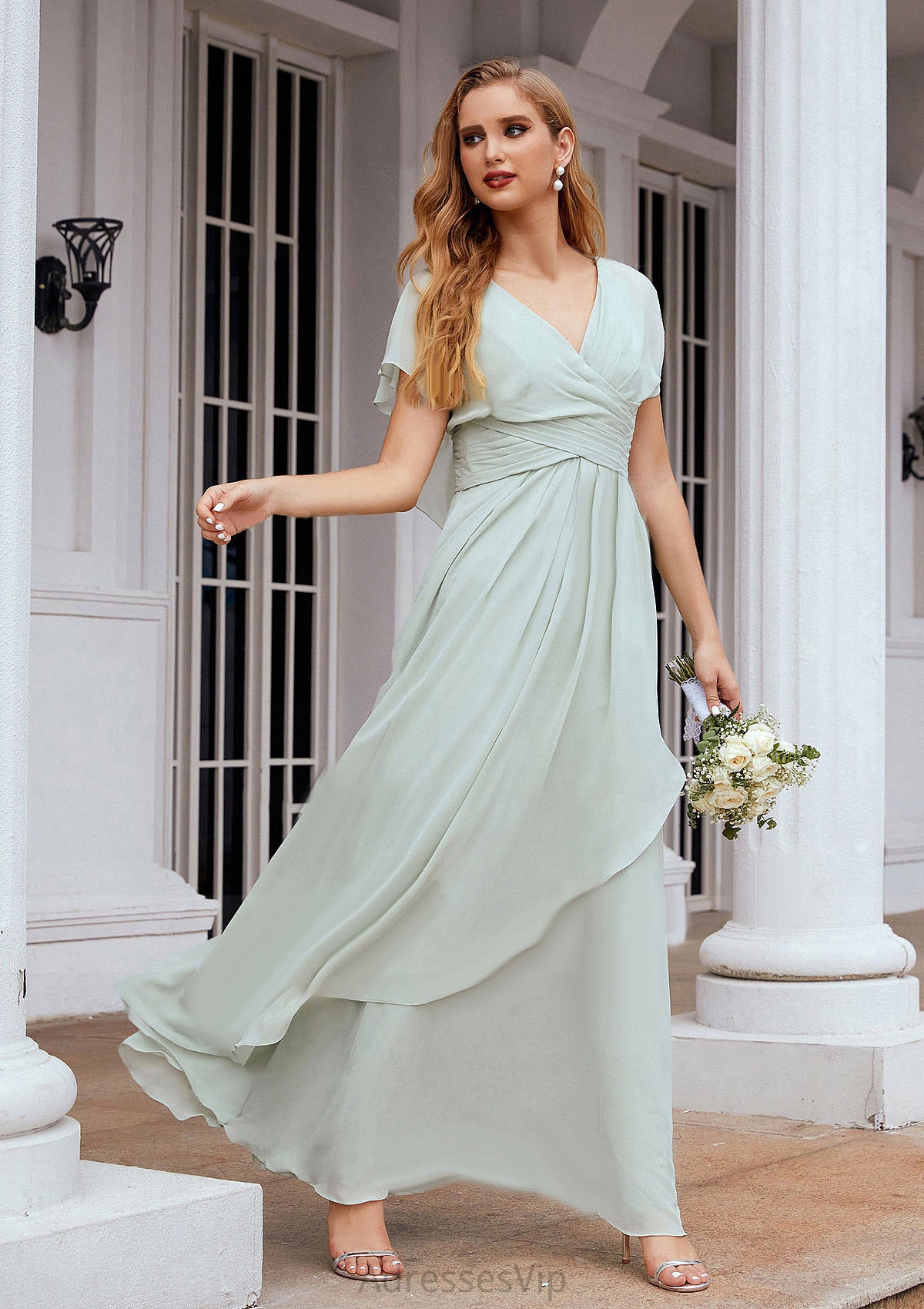 A-line V Neck Short Sleeve Chiffon Long/Floor-Length Bridesmaid Dresses With Pleated Ruffles Bianca HCP0025626