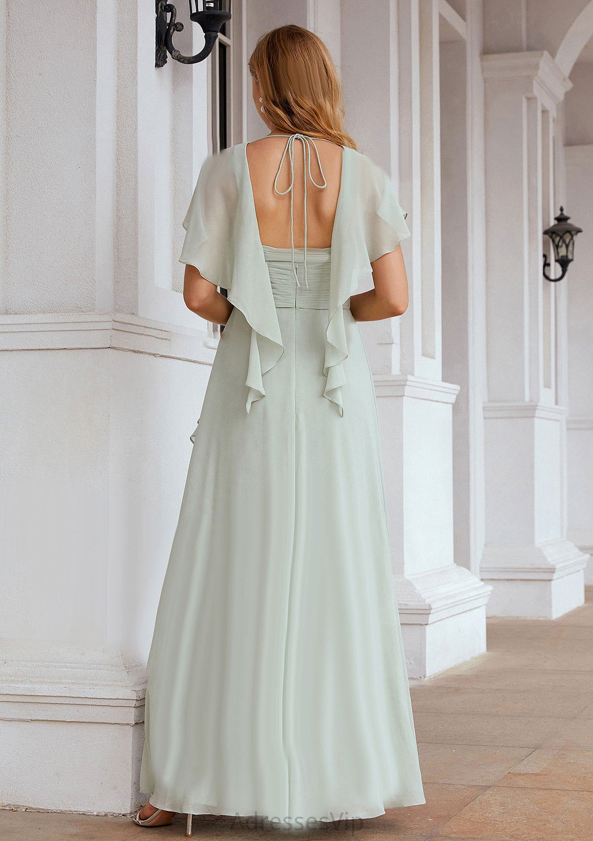 A-line V Neck Short Sleeve Chiffon Long/Floor-Length Bridesmaid Dresses With Pleated Ruffles Bianca HCP0025626