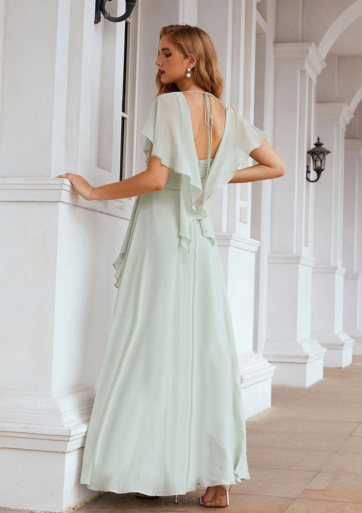 A-line V Neck Short Sleeve Chiffon Long/Floor-Length Bridesmaid Dresses With Pleated Ruffles Bianca HCP0025626