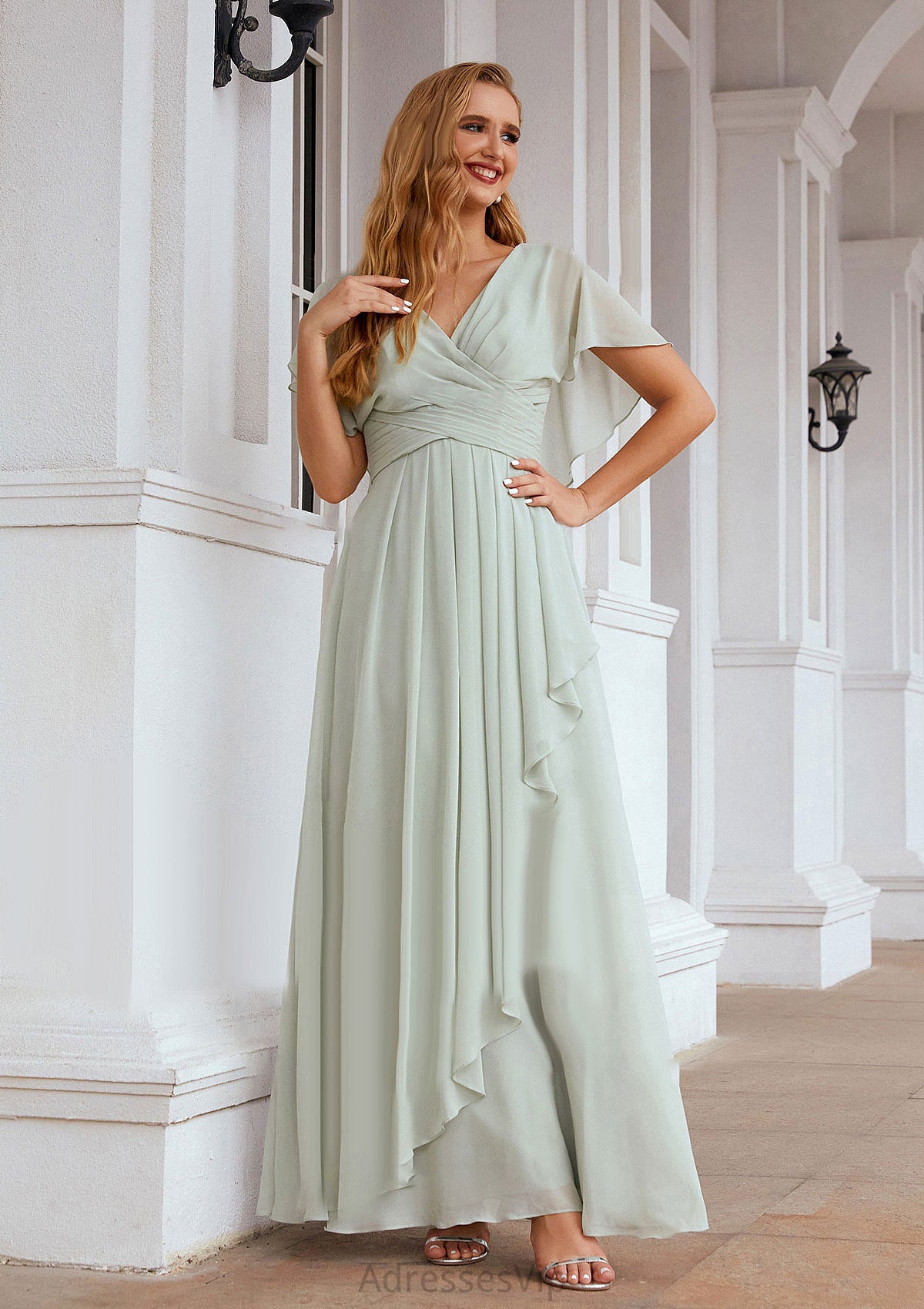 A-line V Neck Short Sleeve Chiffon Long/Floor-Length Bridesmaid Dresses With Pleated Ruffles Bianca HCP0025626