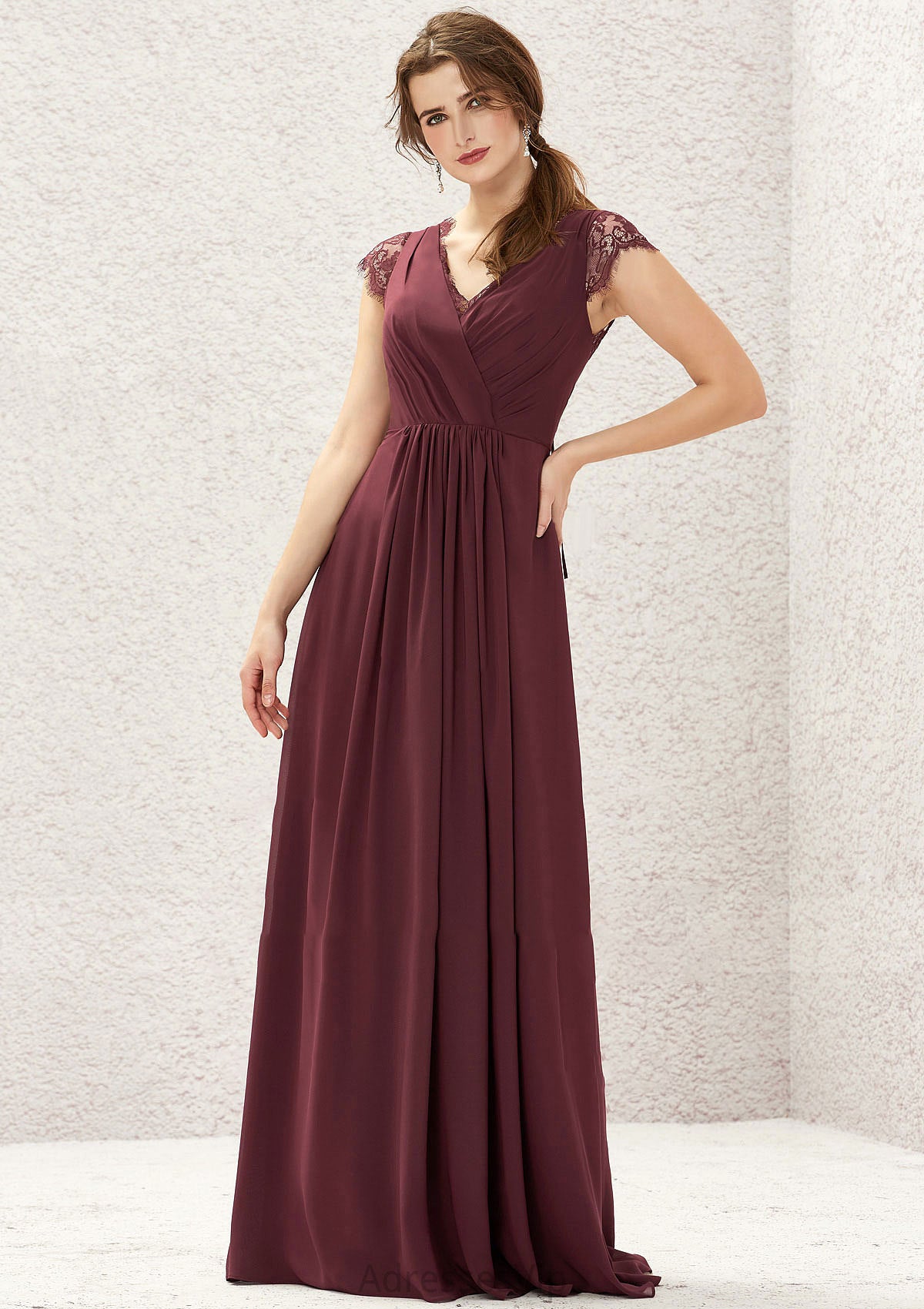 A-line V Neck Sleeveless Chiffon Long/Floor-Length Bridesmaid Dresses With Pleated Lace Briana HCP0025627