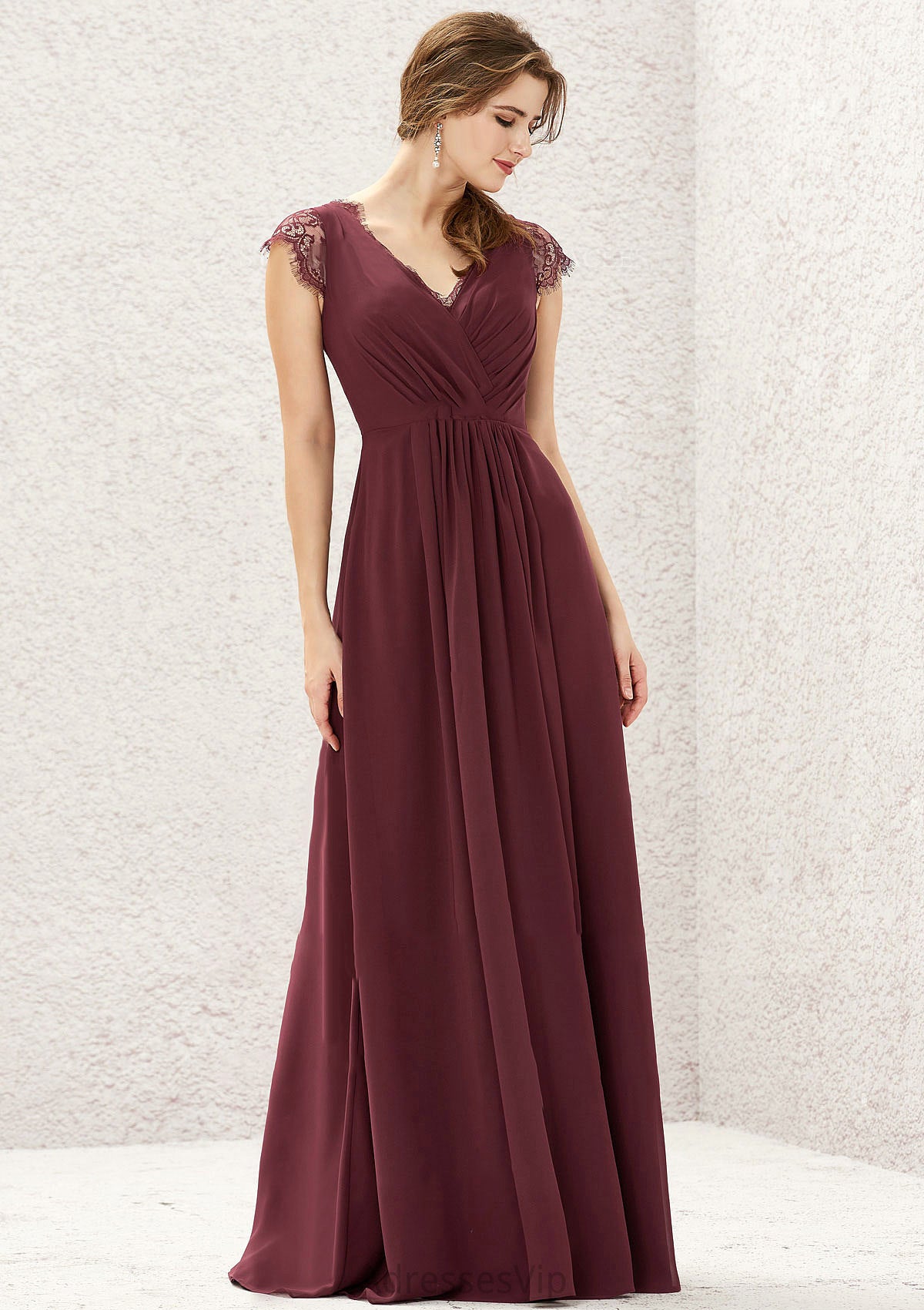 A-line V Neck Sleeveless Chiffon Long/Floor-Length Bridesmaid Dresses With Pleated Lace Briana HCP0025627