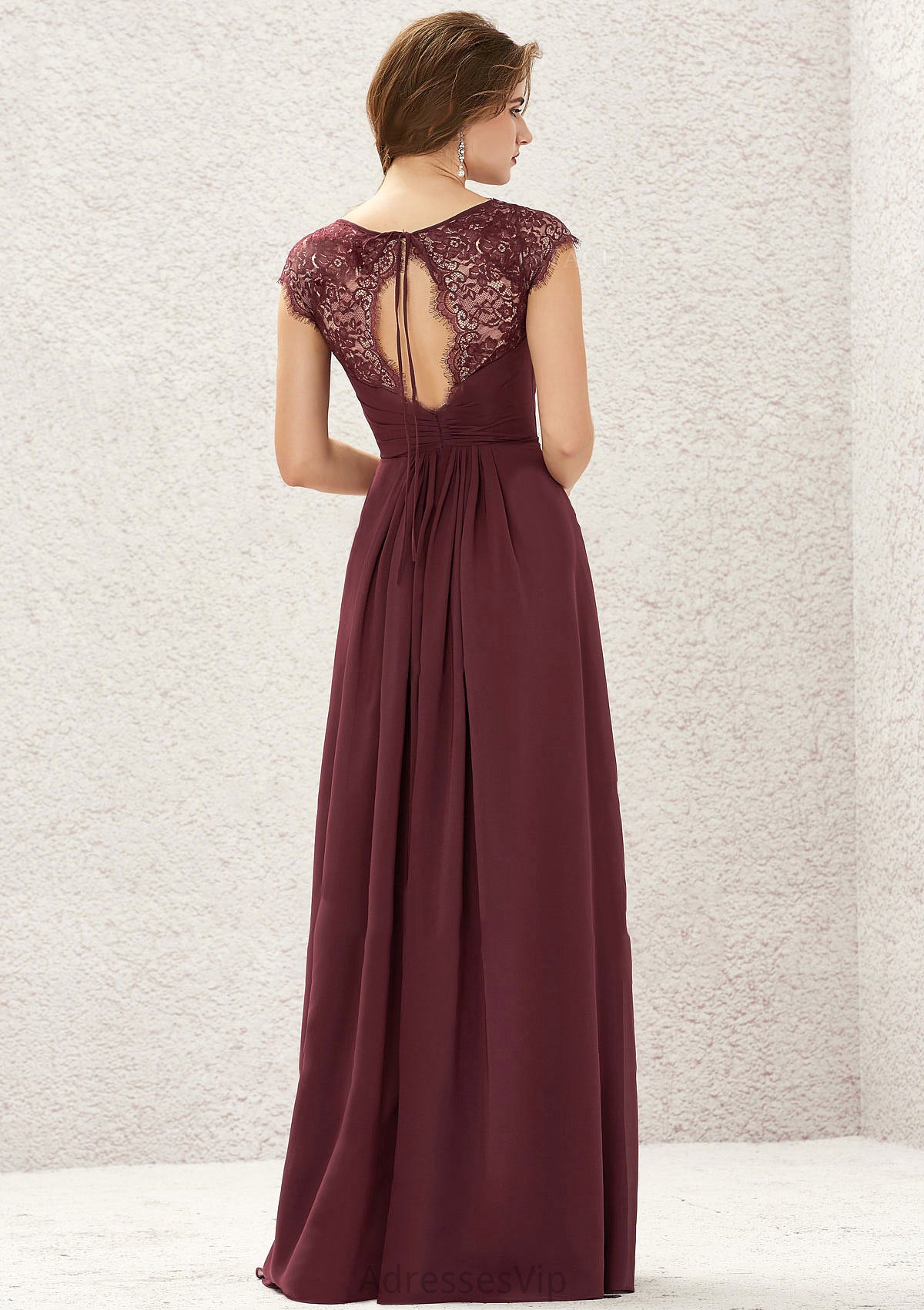 A-line V Neck Sleeveless Chiffon Long/Floor-Length Bridesmaid Dresses With Pleated Lace Briana HCP0025627